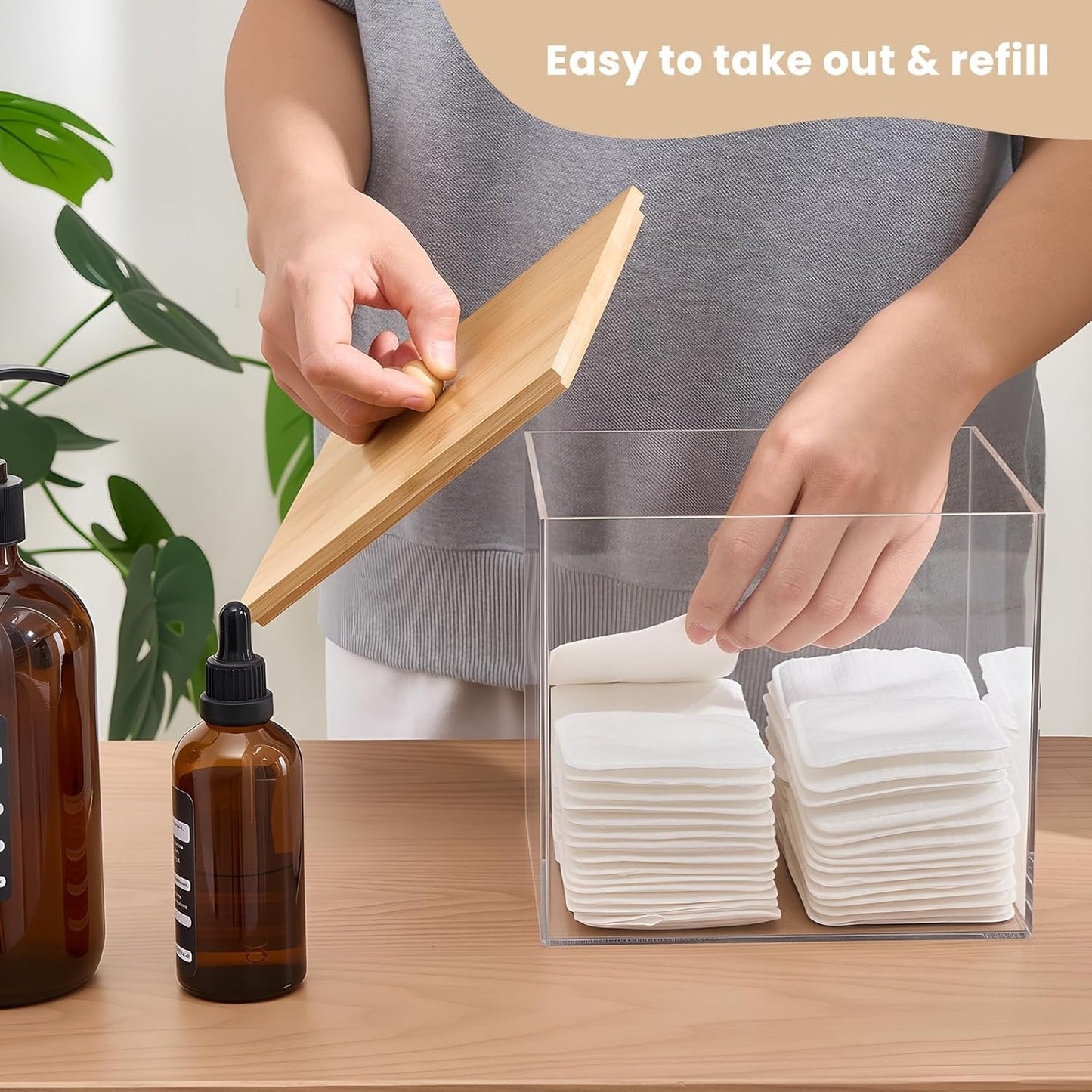 Acrylic Disposable Facial Towels Holder - Clear Storage Bin with Wood Lid | Bathroom Counter Organizer