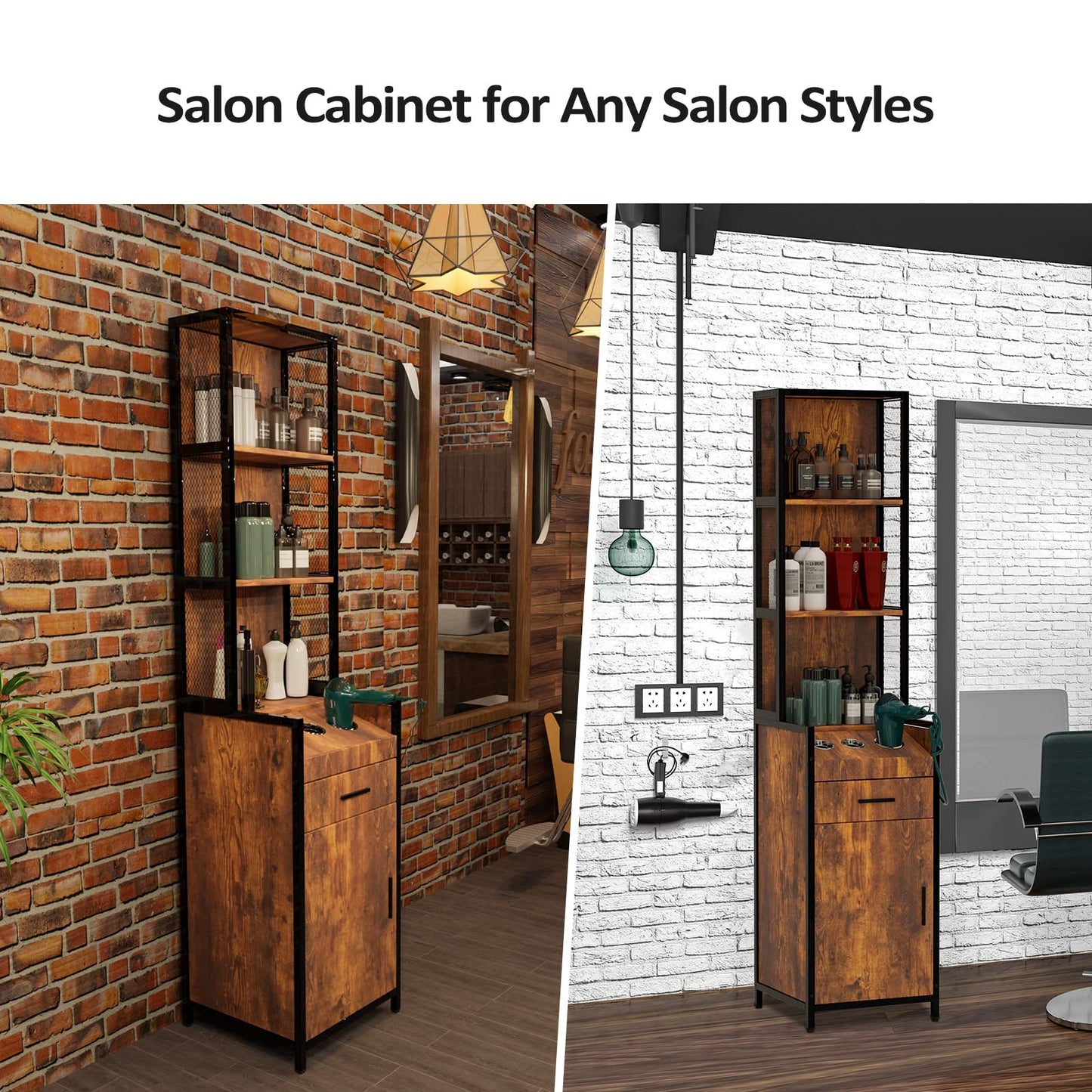OmySalon Salon Station, Barber Stations with 3-Tier Storage Shelf, Hair Styling Cabinet with 1 Drawer, 1 Storage Cabinet, 3 Hot Tool Holders, Beauty Spa Equipment, Rustic Brown
