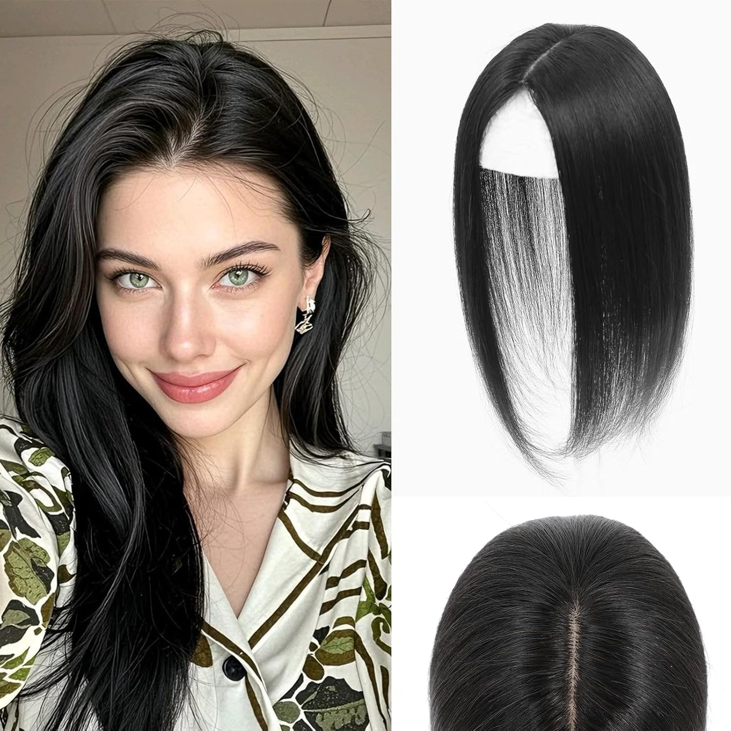 Hair Toppers for Women - Real Human Hair 360° 3D Hairpieces with Wispy Clip-In Bangs | Natural Scalp Line (Black)