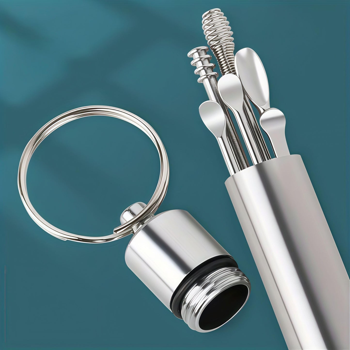 Cylindrical Ear Pick Set, Stainless Steel Cylindrical Design Portable 6-Piece Kit for Travel Home Personal Ear Care, Silver