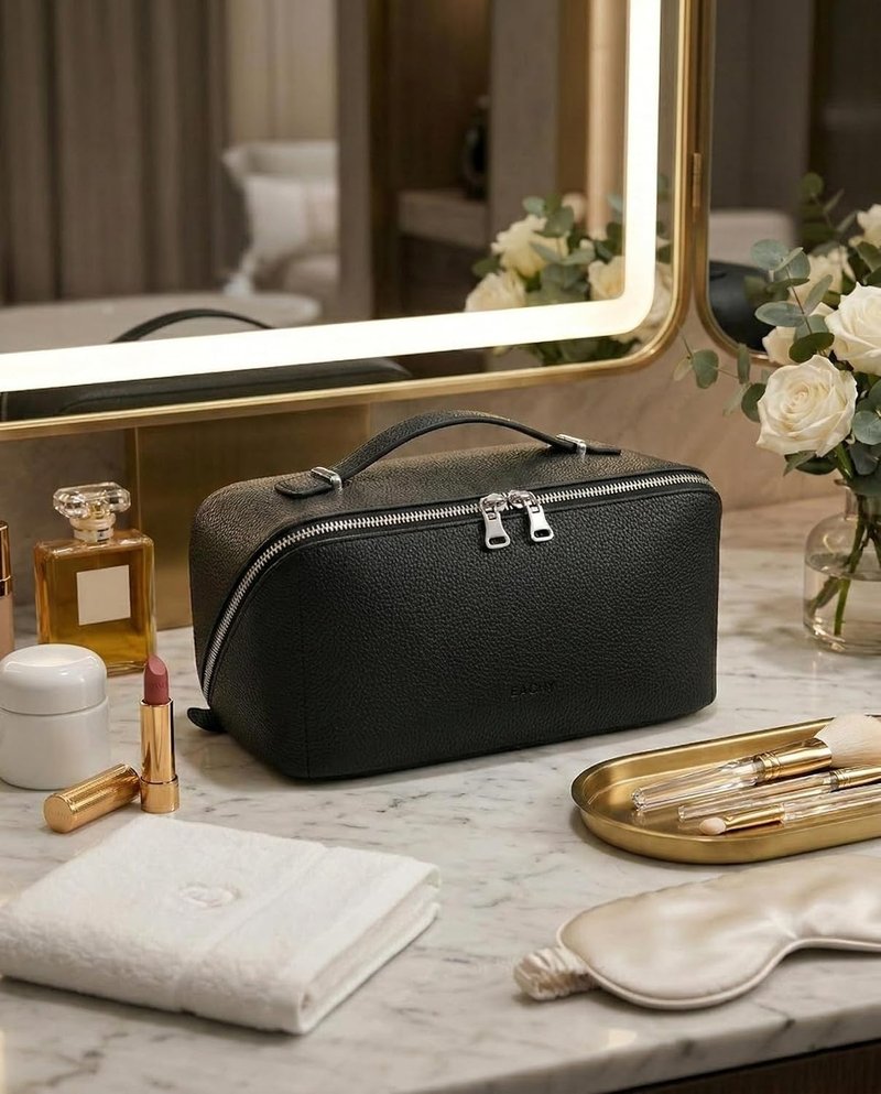 Travel Makeup Bag - Large Capacity Lychee Leather Cosmetic Organizer | Waterproof Toiletry Case with TPU Brush Compartment