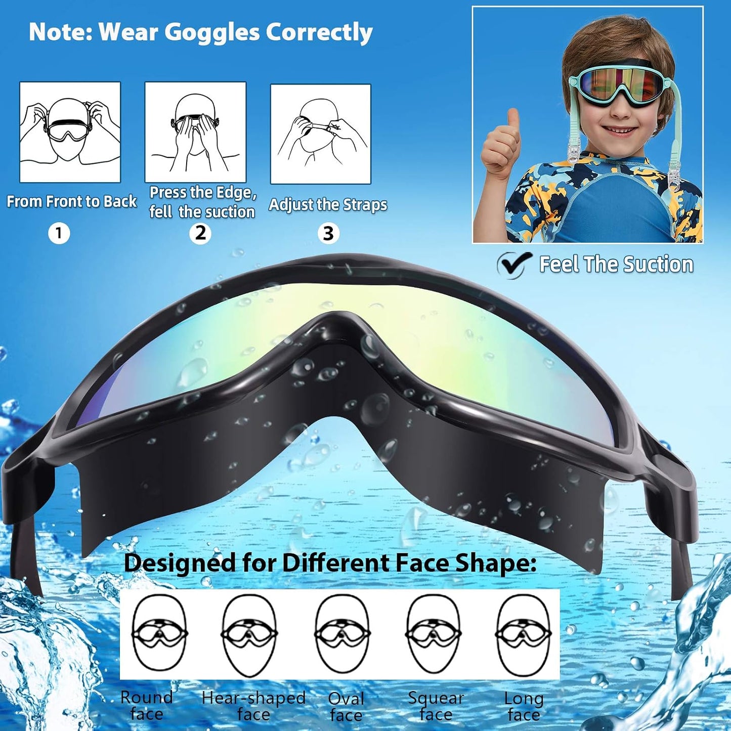 Seago Swim Goggles - Anti-Fog, Anti-UV Wide View for Kids 3-14 | 2 Pack