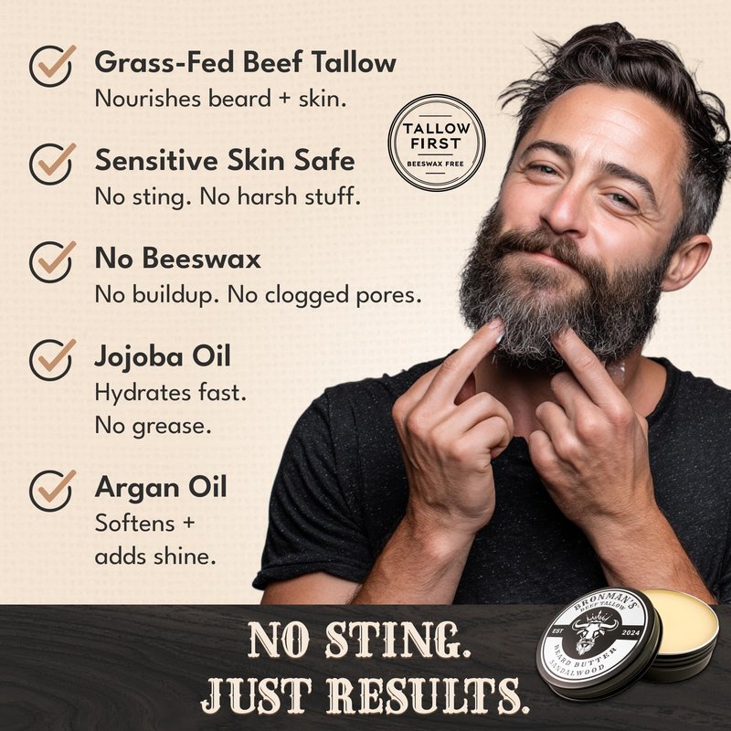 Bronmans Beef Tallow Beard Butter for Men - 4oz - Hydrating Sandalwood Beard and Skin Balm with Shea Butter - Deeply Moisturizing Tallow