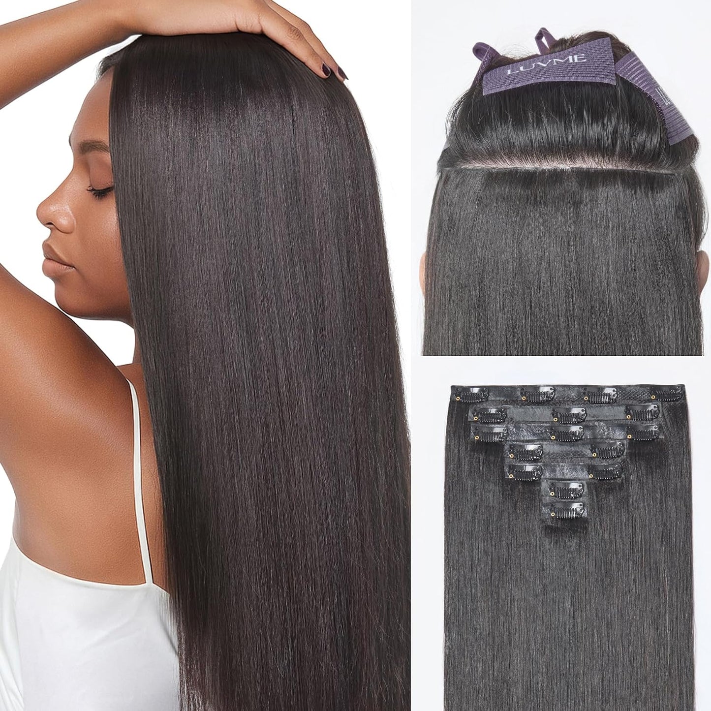 LUVME Invisible Clip-In Hair Extensions - 0.59mm Yaki Straight 24 Inch, 100% Real Human Hair, 6 Pcs 100g | Wider Wefts for Easy Sectioning