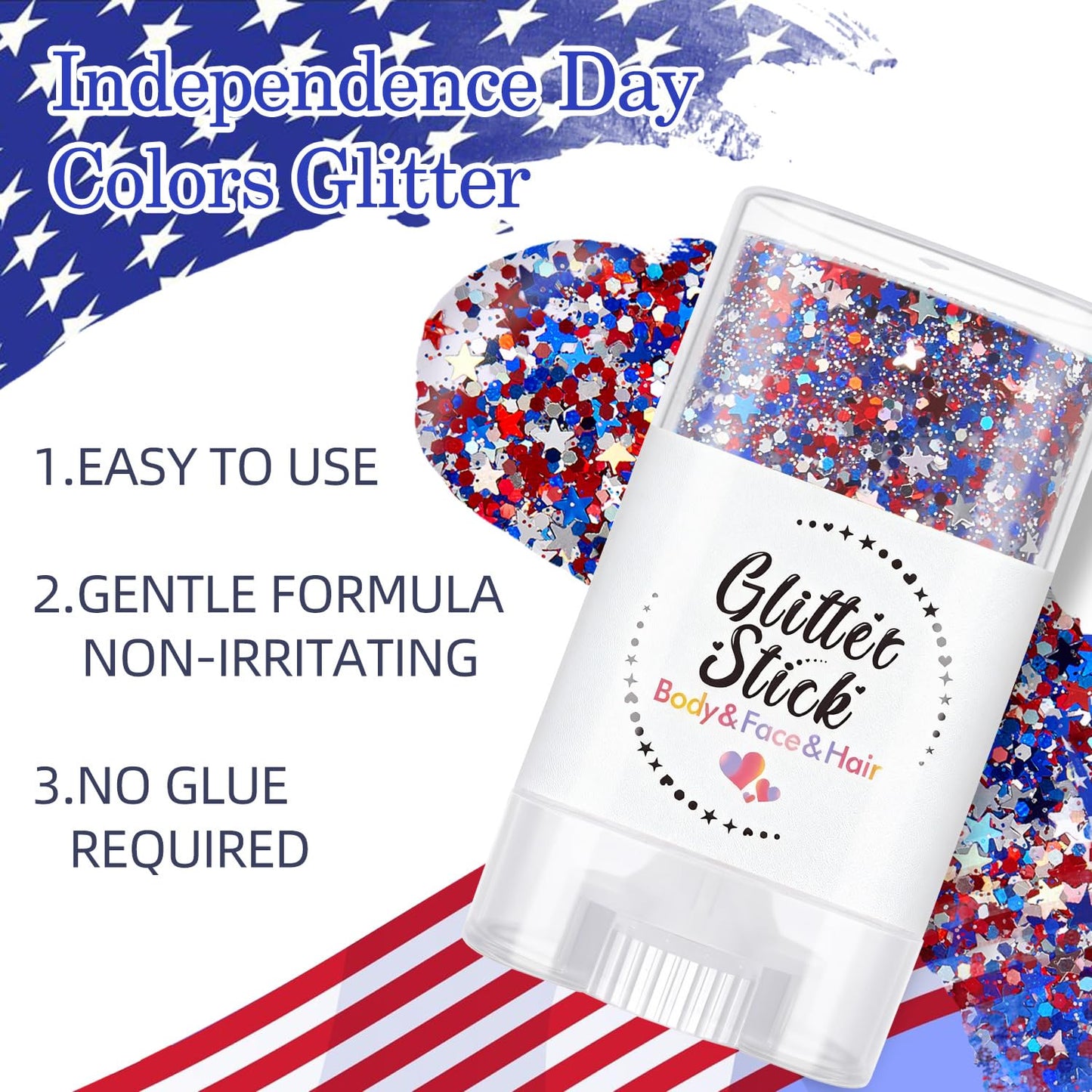 4th of July Body Glitter Stick for Face, Body & Hair - Red White & Blue Chunky Glitter with Star Sequins, 2 Pack Patriotic Makeup for Watch Party, Festival, Rave, Concert & Stadium for Women 2 Pack