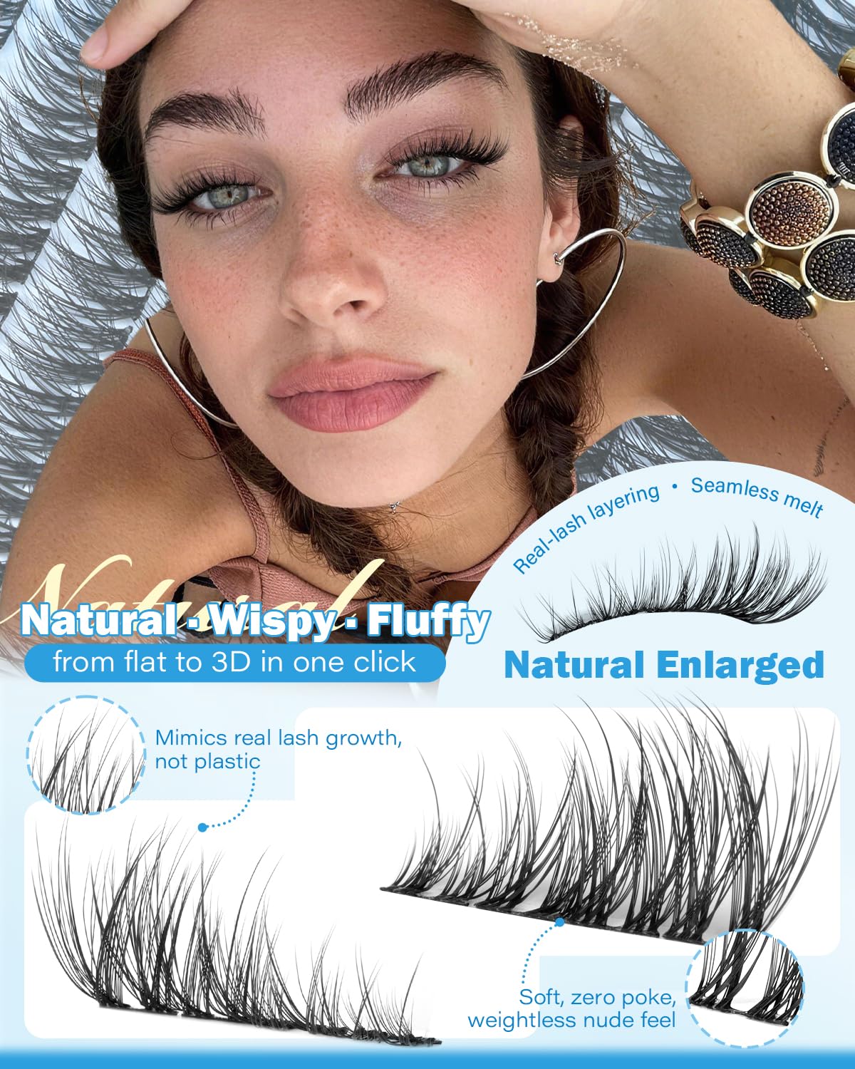 Wtvane Wispy Lash Clusters Fluffy Eyelash Clusters Lashes 10-16mm Natural Cluster Eyelash Extensions CD Curl Incividual Lashes Clusters with Thin Band Soft Wear DIY Wispy Lash Extensions for Daily