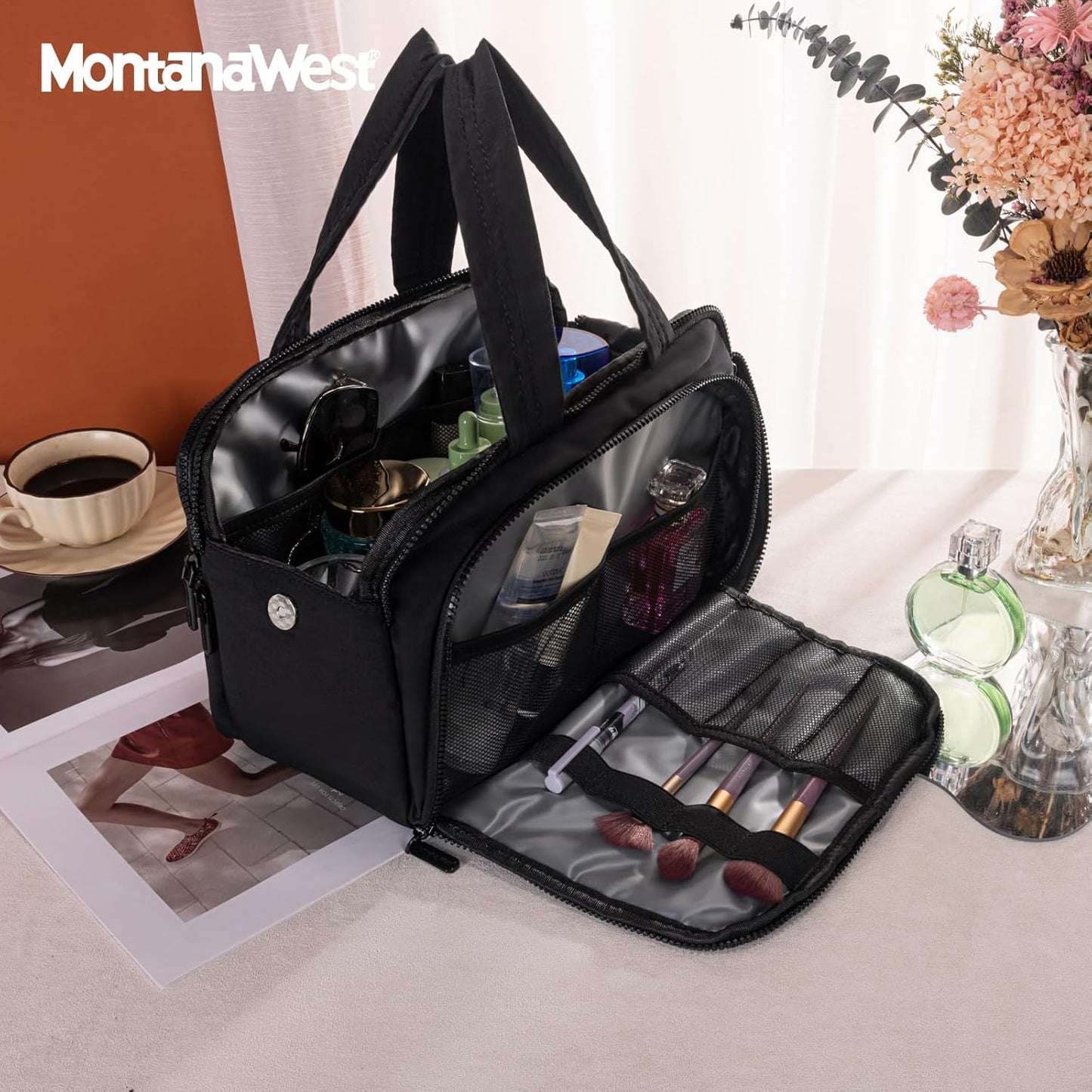 Travel Toiletry Bag for Women - Large Wide Open Puffy Makeup Organizer with Brush Holder | Waterproof, Lightweight Design