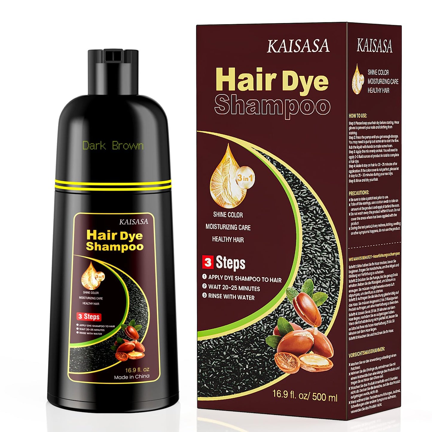 Dark Brown Hair Dye Shampoo 3 in 1,Hair Color Shampoo for Women and Men