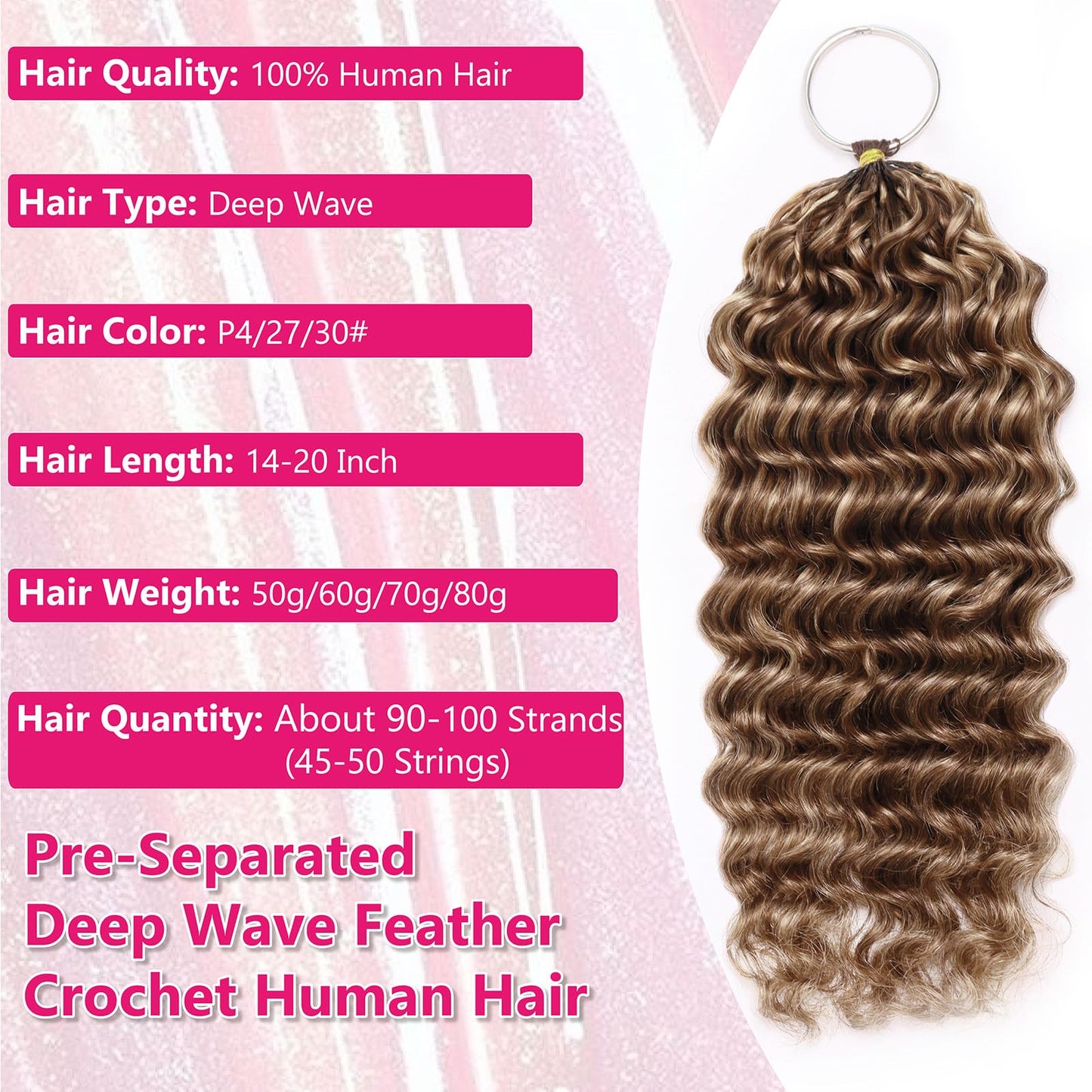 Highlight Pre-Separated Human Crochet Hair P4/27/30 Ombre Brown Blonde Deep Water Wave Curly Miracle Knots 16 Inch 60g Knotless Feather Invisible Crochet Extensions Bundles Braiding Hair for Women