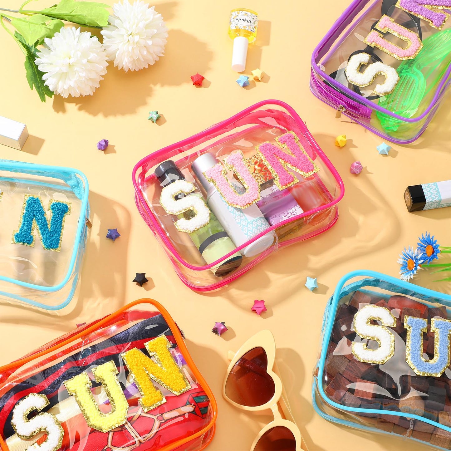 Kacctyen 8 Pcs Clear Makeup Bag Bulk Summer Beach Sunscreen Pouch Waterproof Toiletry Cosmetic Zippered Organizer with Preppy Chenille Letter Patch (Sun,Clear,Blue,Purple,Rose Pink,Orange)