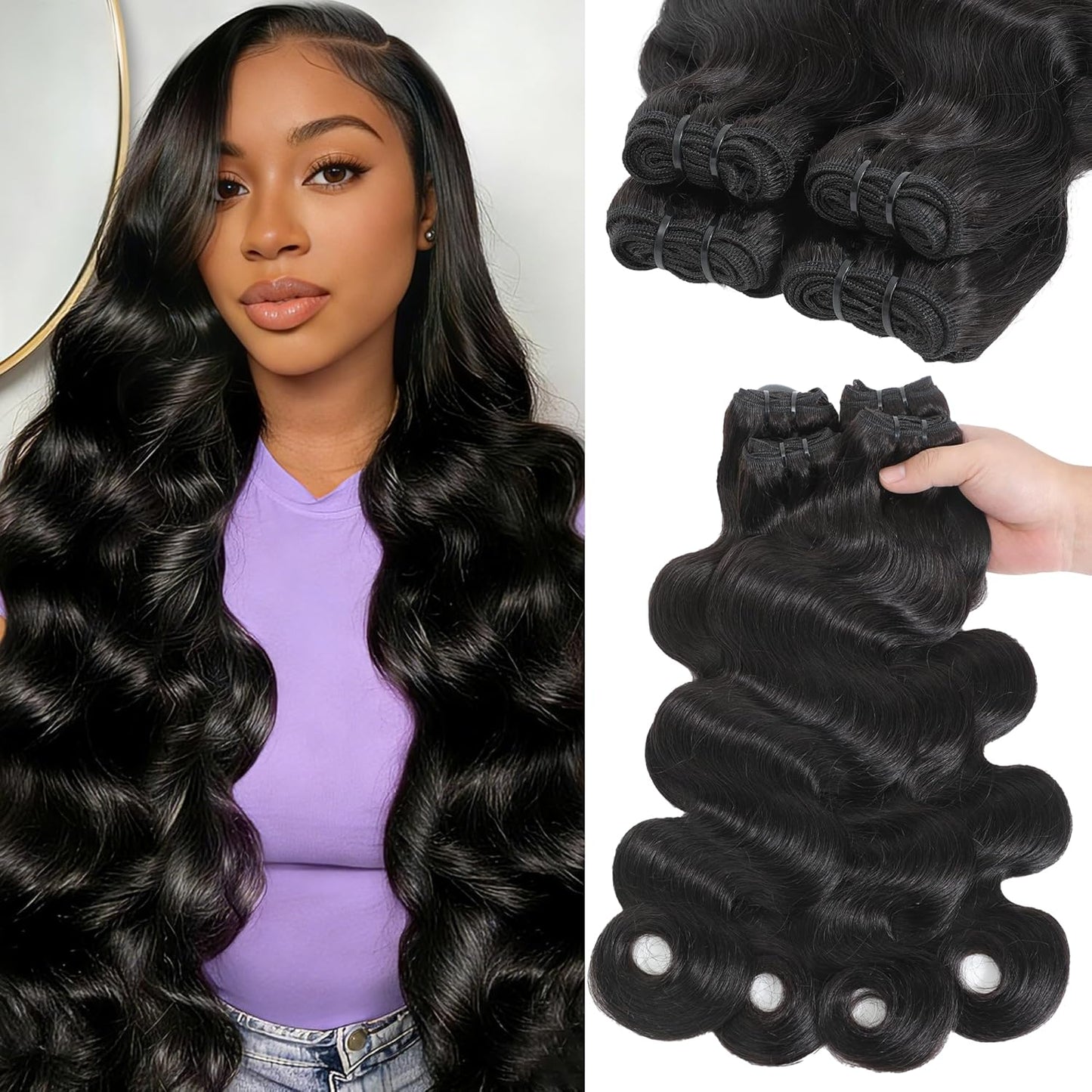 Raw Human Hair Bundles - 100% Unprocessed Brazilian Body Wave | 18-24 Inch, Natural Black, 4-Pack