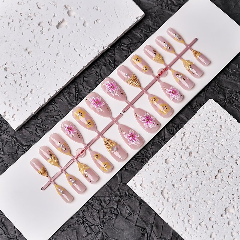 Summer Flower Press-On Nails - Medium Almond Fake Nails with 3D Designs | Pink & Yellow Acrylic Full Cover Set for DIY Nail Art