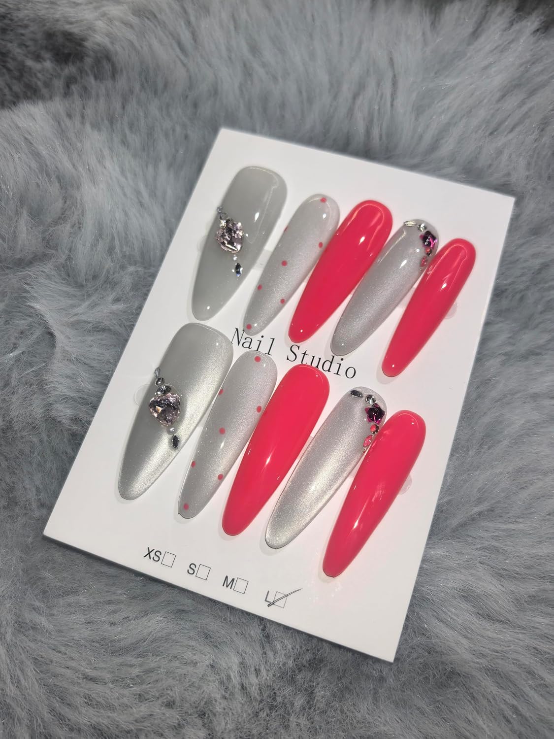 Glam Silver Coral Press On Nails - Heart Rhinestone Extra Long Stiletto Fake Nails | Reusable Manicure Set (L)