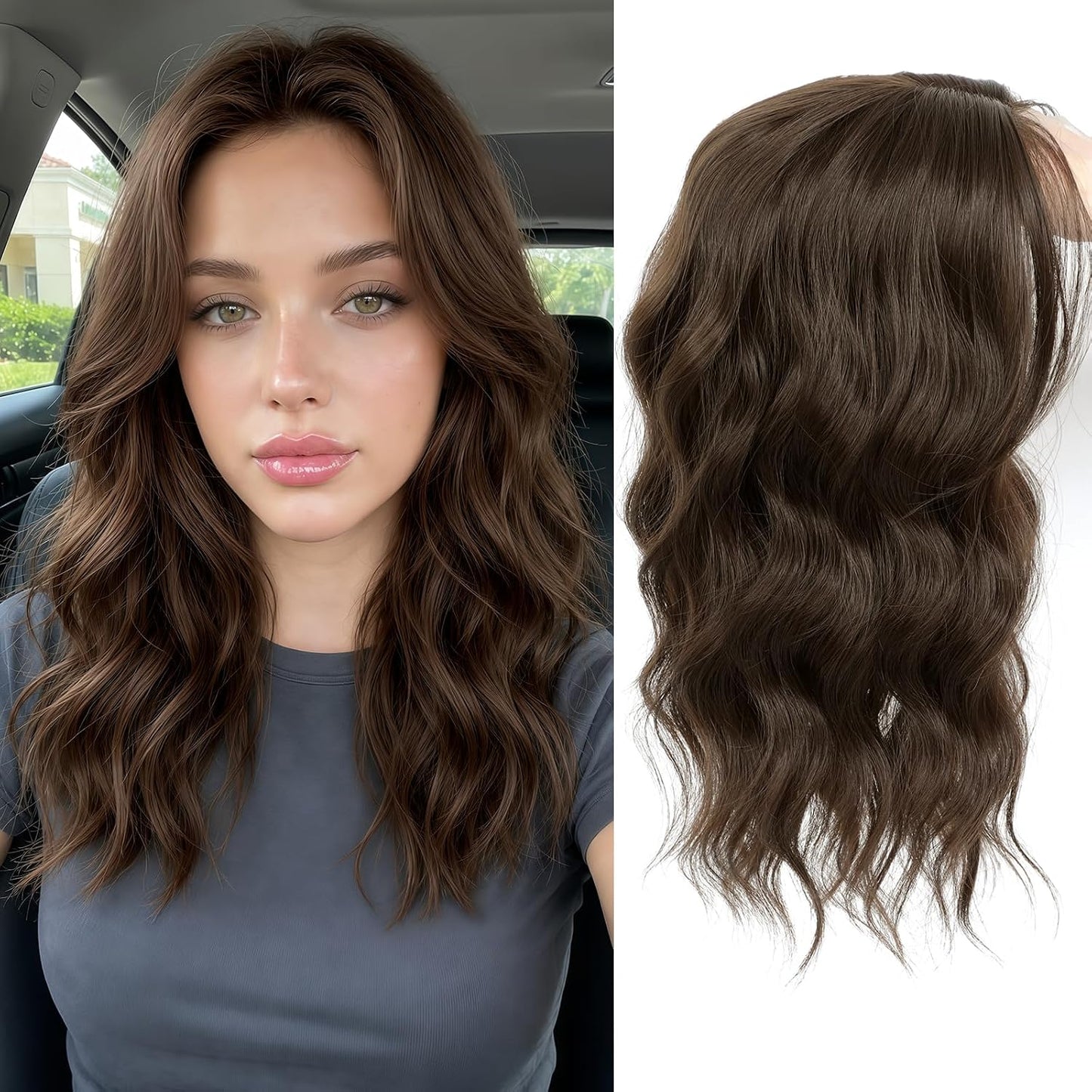 Hair Topper for Women - 16 Inch Synthetic Curly Wavy Clip-In with Curtain Bangs | Natural Looking Dark Brown Volume Piece