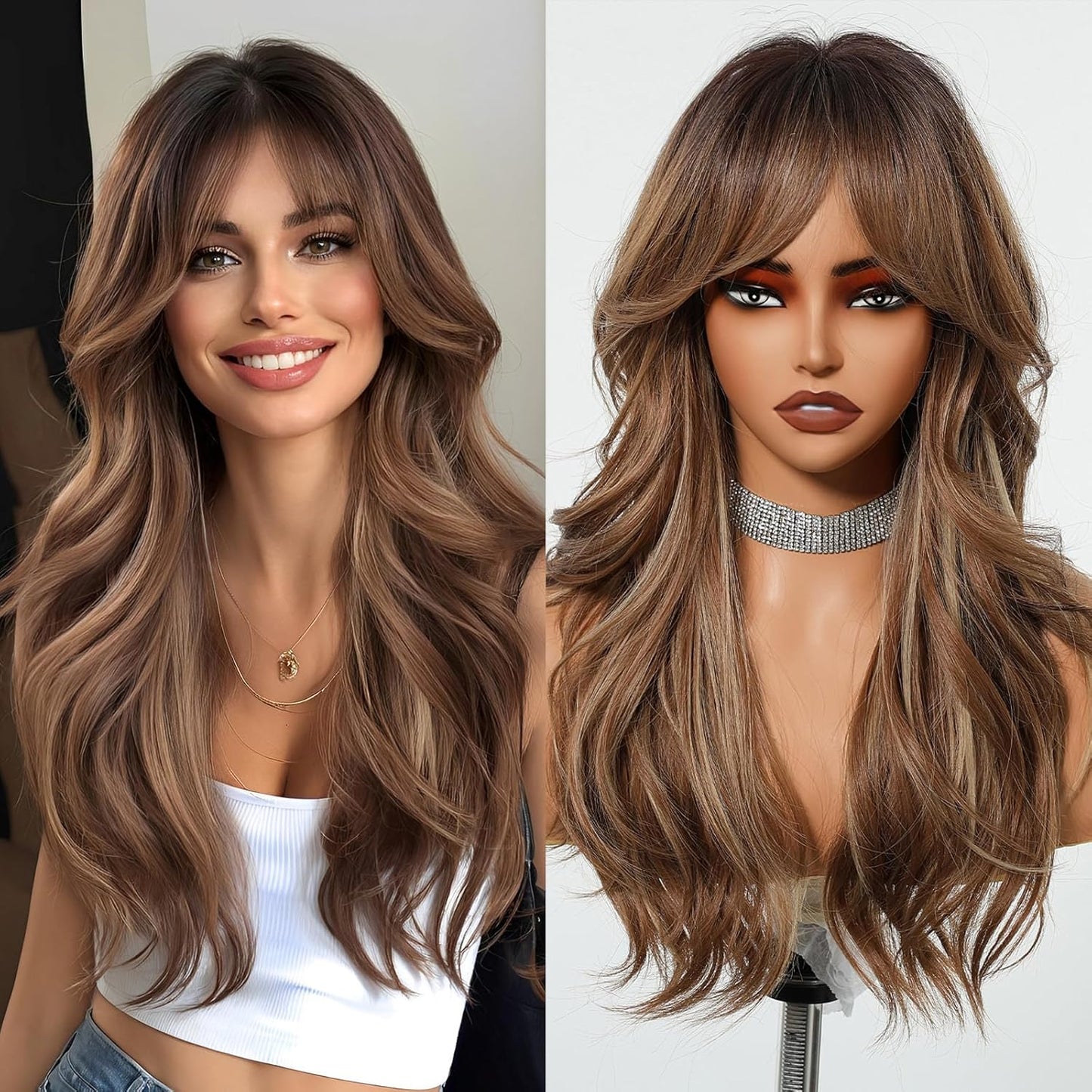 Long Layered Blonde Wig - Synthetic Hair with Bangs | Natural Wavy, Heat Resistant for Daily & Party Wear