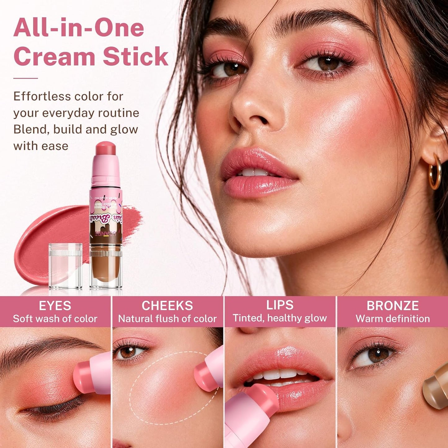 UCANBE Blush & Bronzer Stick - 2-in-1 Cream Makeup for Natural Glow | Travel-Friendly, 04 Blooming Rose