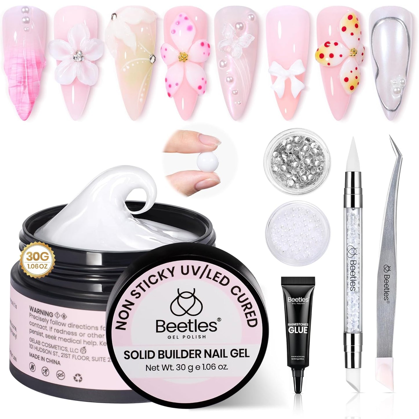 Beetles 3D Solid Builder Nail Gel Kit - 2 oz Clear Sculpting Gel for 3D Nail Art | Non-Sticky UV LED Gel with Dual Forms & Sculpting Pen