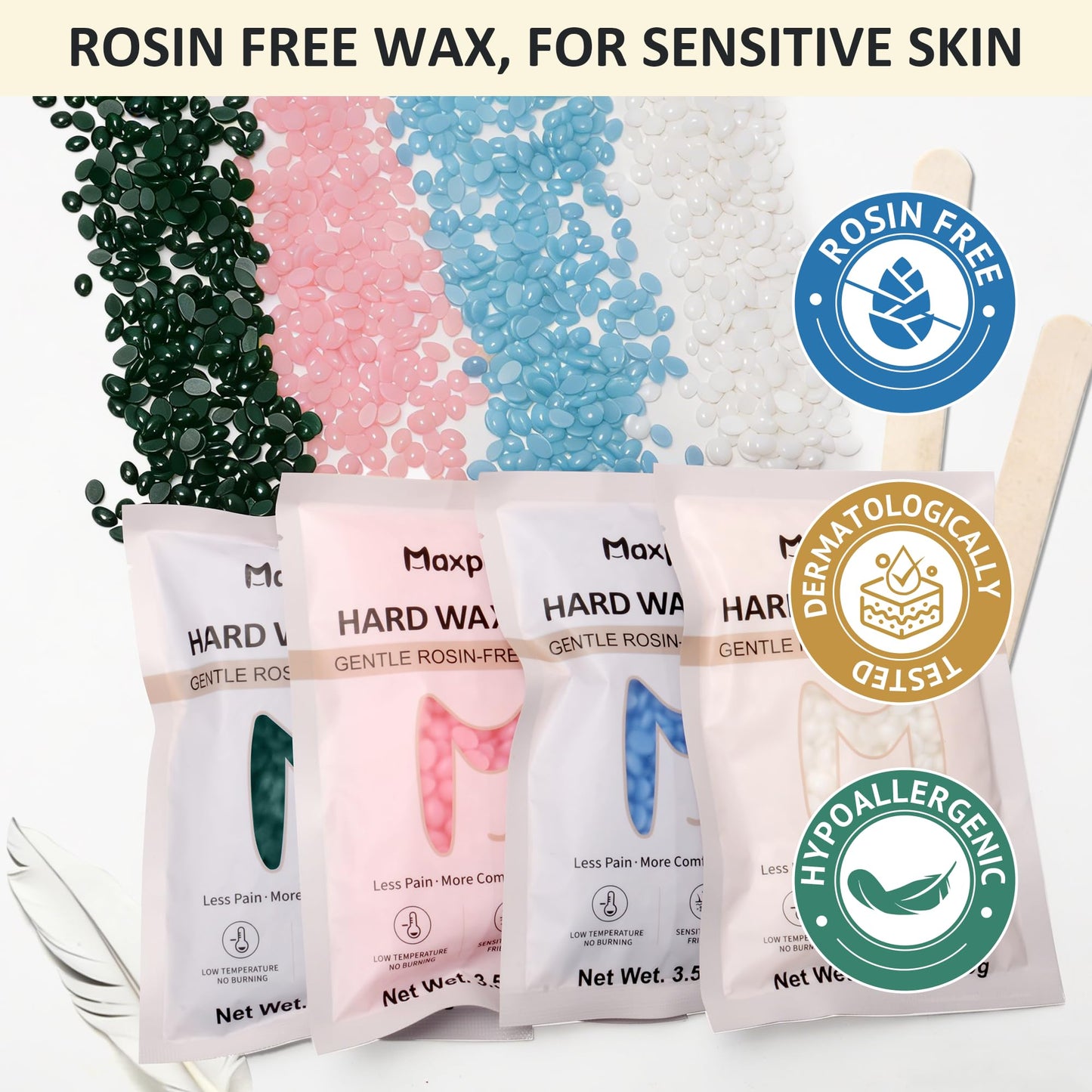 Maxpearl Wax Kit for Women Men, Hair Removal Waxing Kit with Hard Wax Beans for Coarse Hair Bikini Eyebrow, Cream White Waxing Beads Refills for Wax Warmer