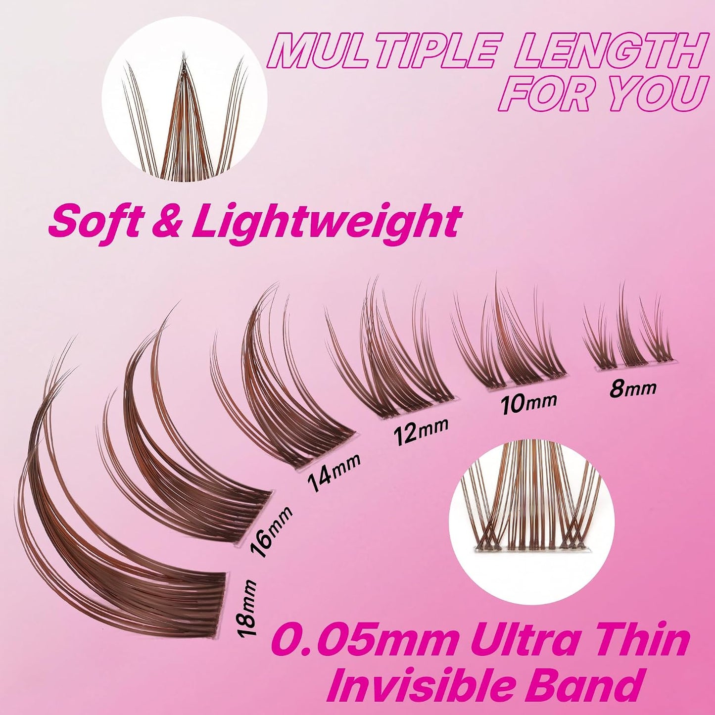 Brown Manga Lash Clusters - DIY Individual Eyelash Extensions with Thin Invisible Band | 8-18mm Mixed Lengths for Easy Self-Application