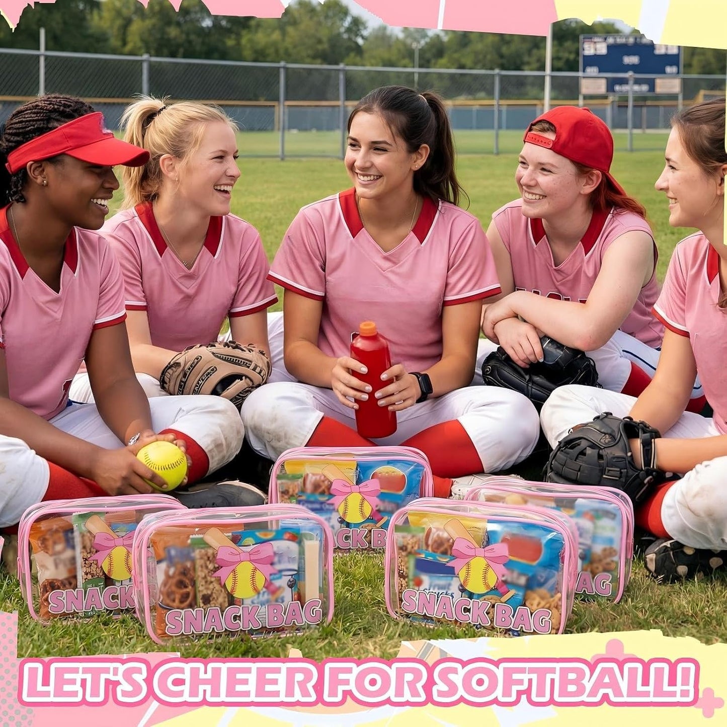 Softball Party Favors - 12 Pink Bow Snack Bags for Girls | Goodie Bags for Birthdays & Back to School, 7.09 x 4.72 x 2.36 Inch