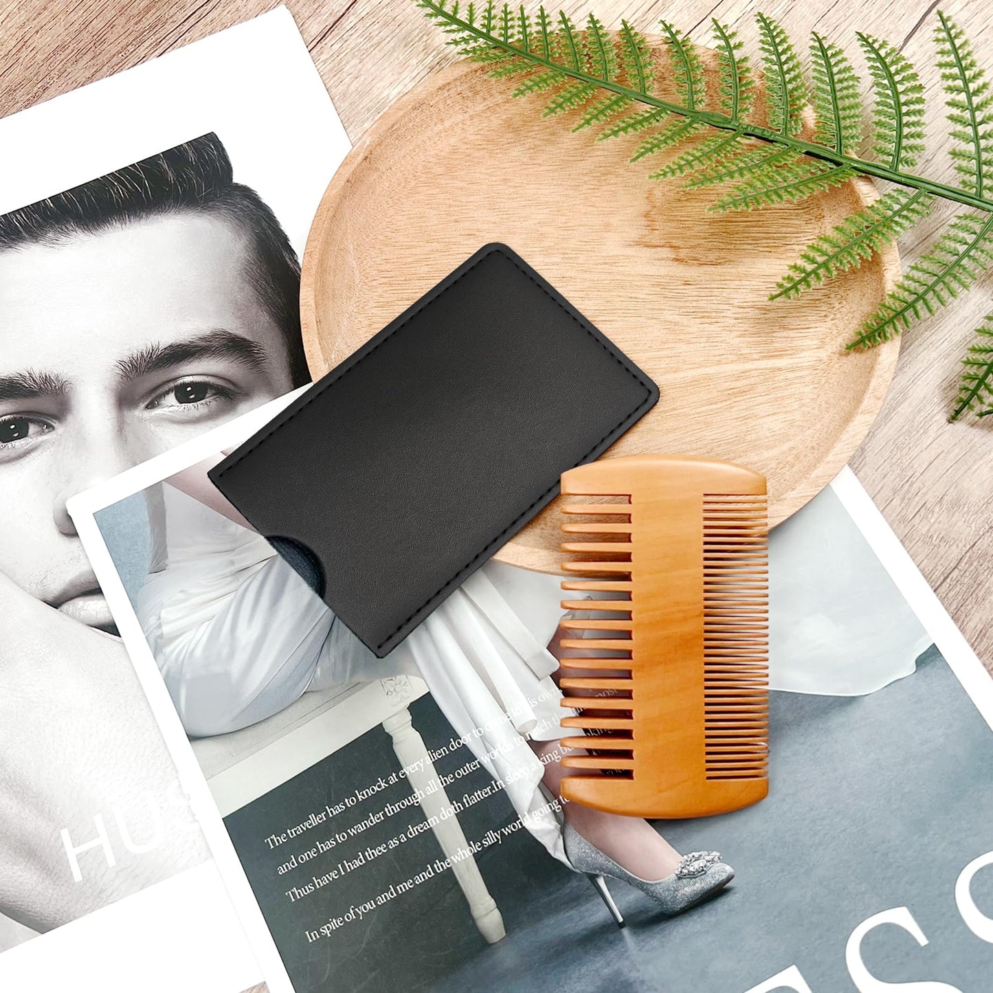 Peach Wood Beard Comb – Dual-Sided Comb for Fine & Coarse Teeth, Ideal for Beard & Mustache & Hair Grooming, with Leather Case