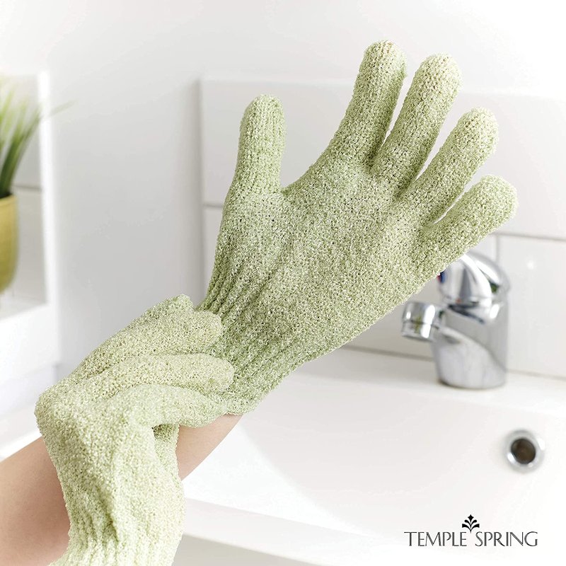 Temple Spring Shower Gloves Exfoliating for Women – Natural Textured Rayon Bamboo Exfoliating Glove with Thicker Weave for Deep Cleansing, Dead Skin Removal & Smooth Radiant Skin (1 Pair, Sage Green)