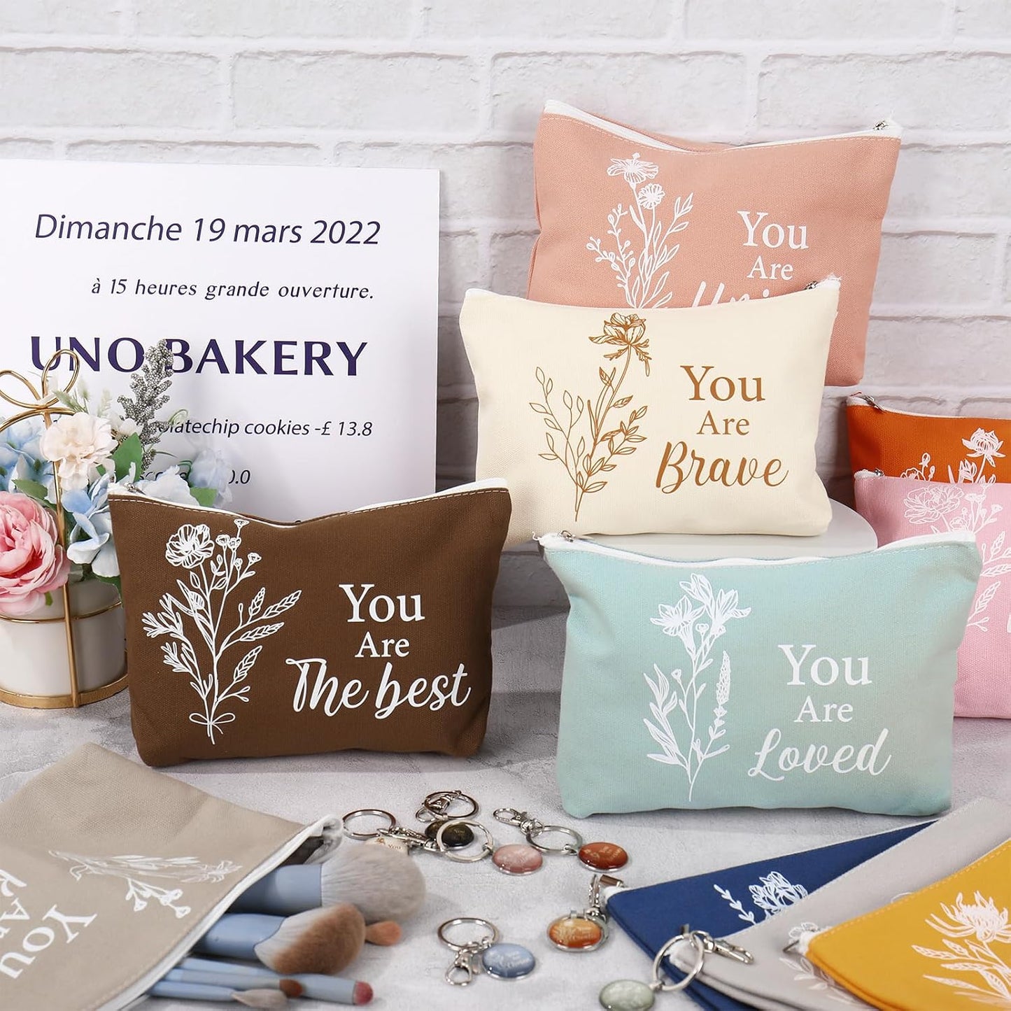 Inspirational Canvas Makeup Bag Set - 20Pcs Employee Appreciation Gifts for Women | Boho Botanical Design, Travel Pouch with Keychains