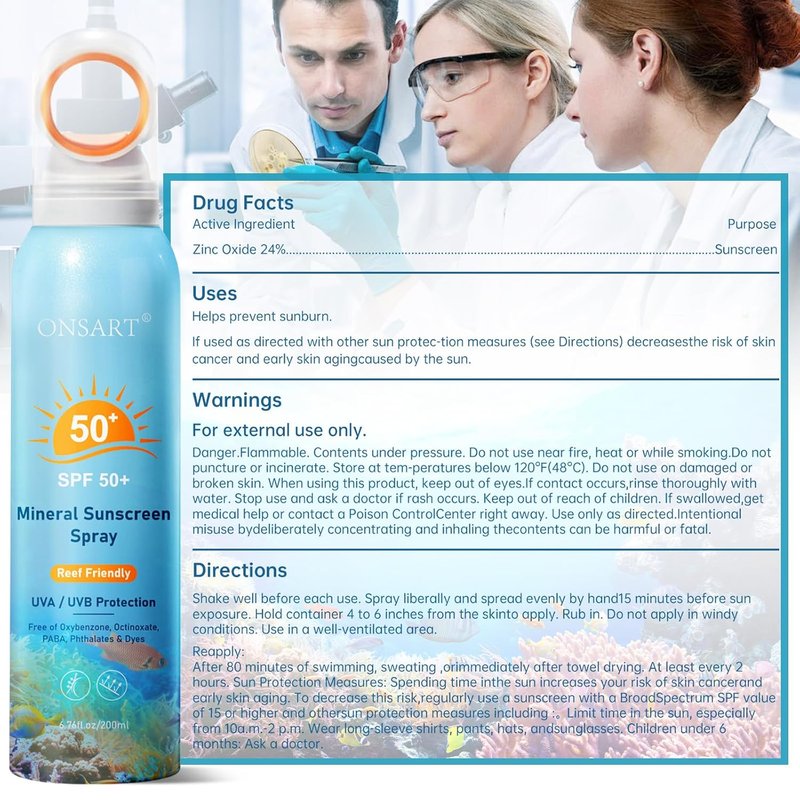 Reef Safe Sunscreen Spray SPF 50 - Zinc Oxide Mineral Protection | Lightweight, Water-Resistant, 6.76oz/200ml