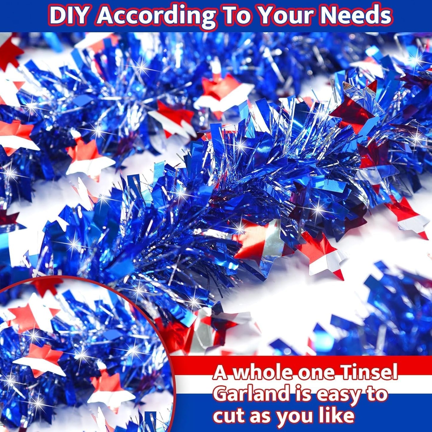 4th of July Decorations - Red, White & Blue Metallic Tinsel Garland for Holiday Parties | 50FT