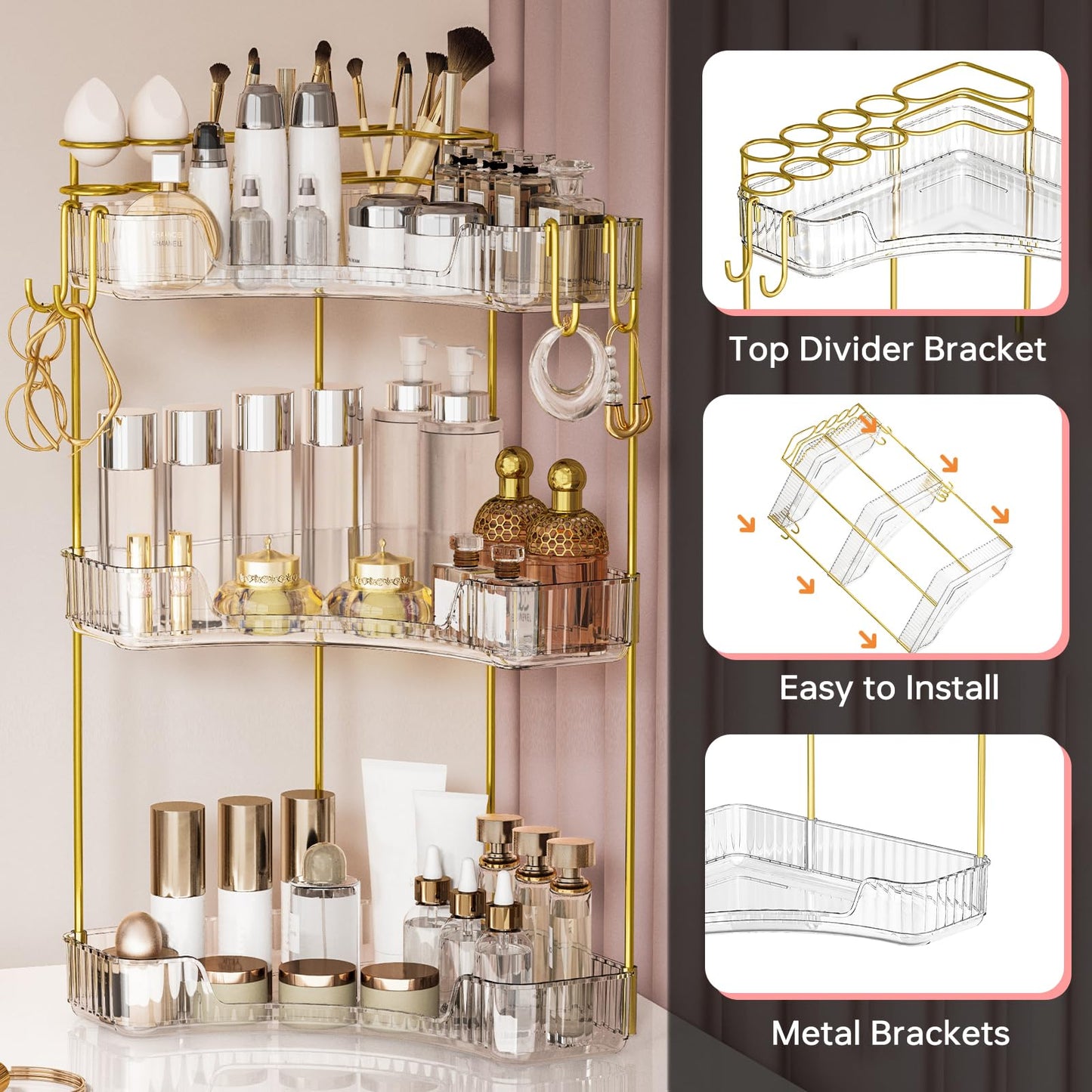Greenby 3-Tier Corner Bathroom Counter Organizer，Makeup & Skincare Shelf with Built-in Brush Holder，Space-Saving Bathroom Countertop Organizer for Skincare, Perfume, Cosmetics(Clear)