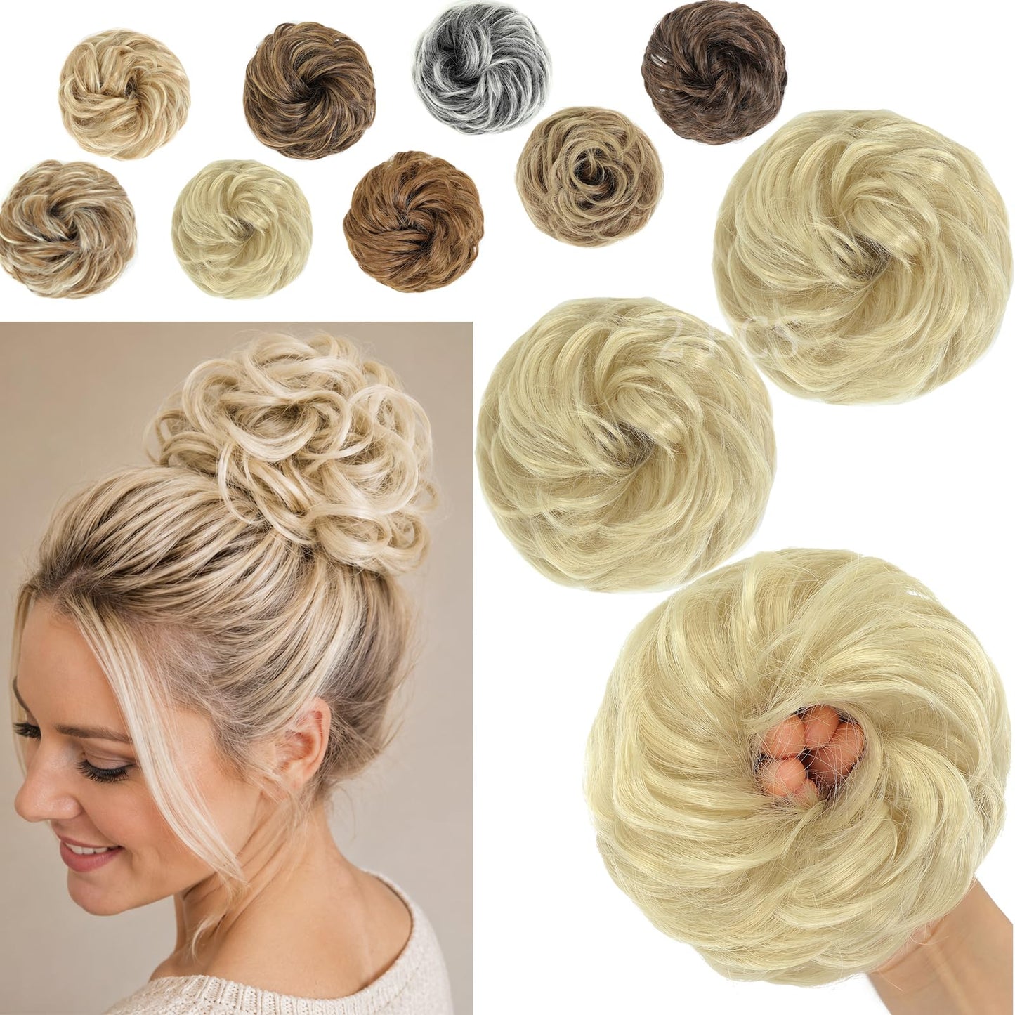 Amchoice Messy Bun Hair Piece 2 Pcs Elastic Wavy Curly Bun Hair Pieces for Women Instant Volume Lightweight Synthetic Chignon Hairpieces for Girls Daily Wear Party Travel(Blond)
