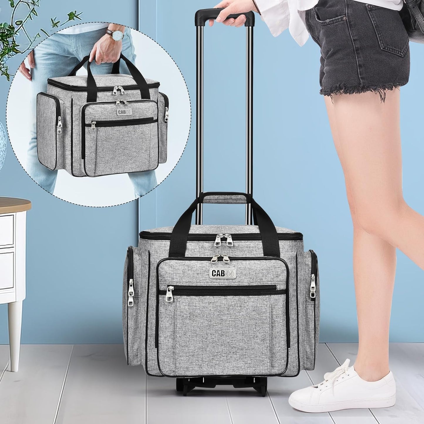 Rolling Craft Bag - Tote with Wheels for Easy Transport | Grey Teacher Bag with Removable Hand Truck