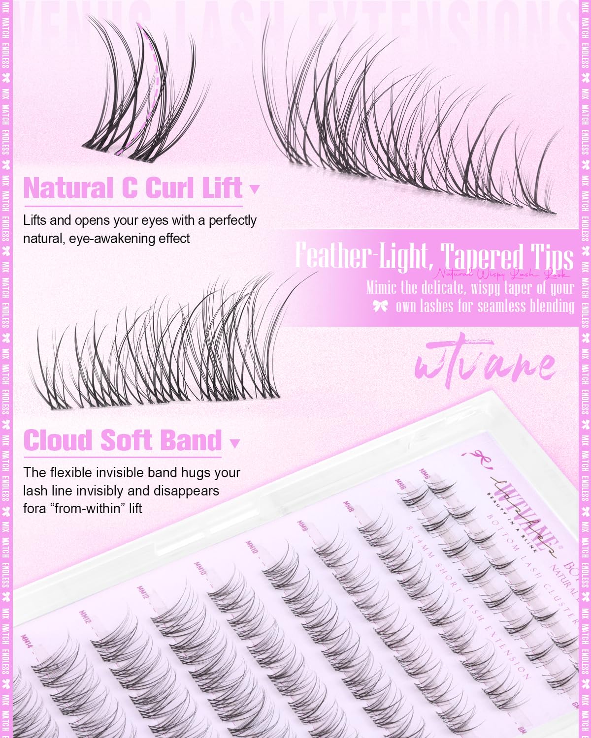 Wtvane Natural Lash Clusters Wispy Eyelash Clusters Lashes DIY 8-14mm Venus Lash Extensions with 6mm Bottom Lash Clusters Invisible Band Lashes Short Cluster Eyelash Extensions Natural Look