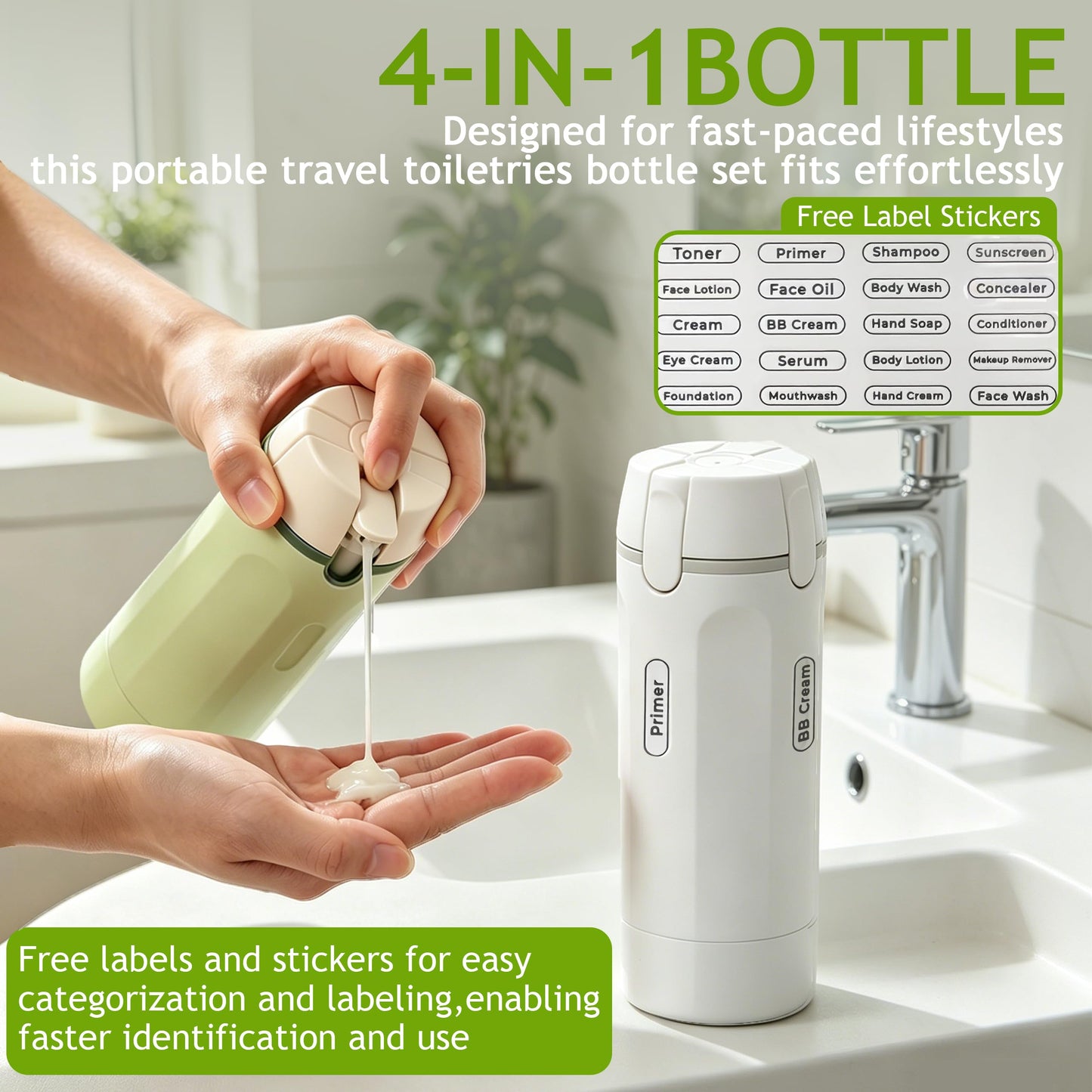 4 in 1 Travel Dispenser Bottle, 4 Pack 30ml Portable Leakproof Rotatable Travel Dispenser Set with Label, Suitable for Storing Shower Gel, Shampoo, Laundry Detergent, for Travel, Camping (Green)