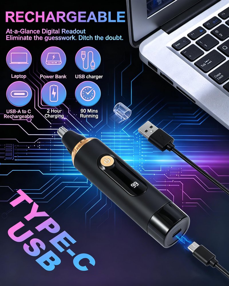 RAXMETRY Nose Hair Trimmer for Men and Women,2026 Professional Painless IPX7 Waterproof Eyebrow & Facial Hair Trimmer,USB Rechargeable with LED Display Dual-Edge Blades,Black