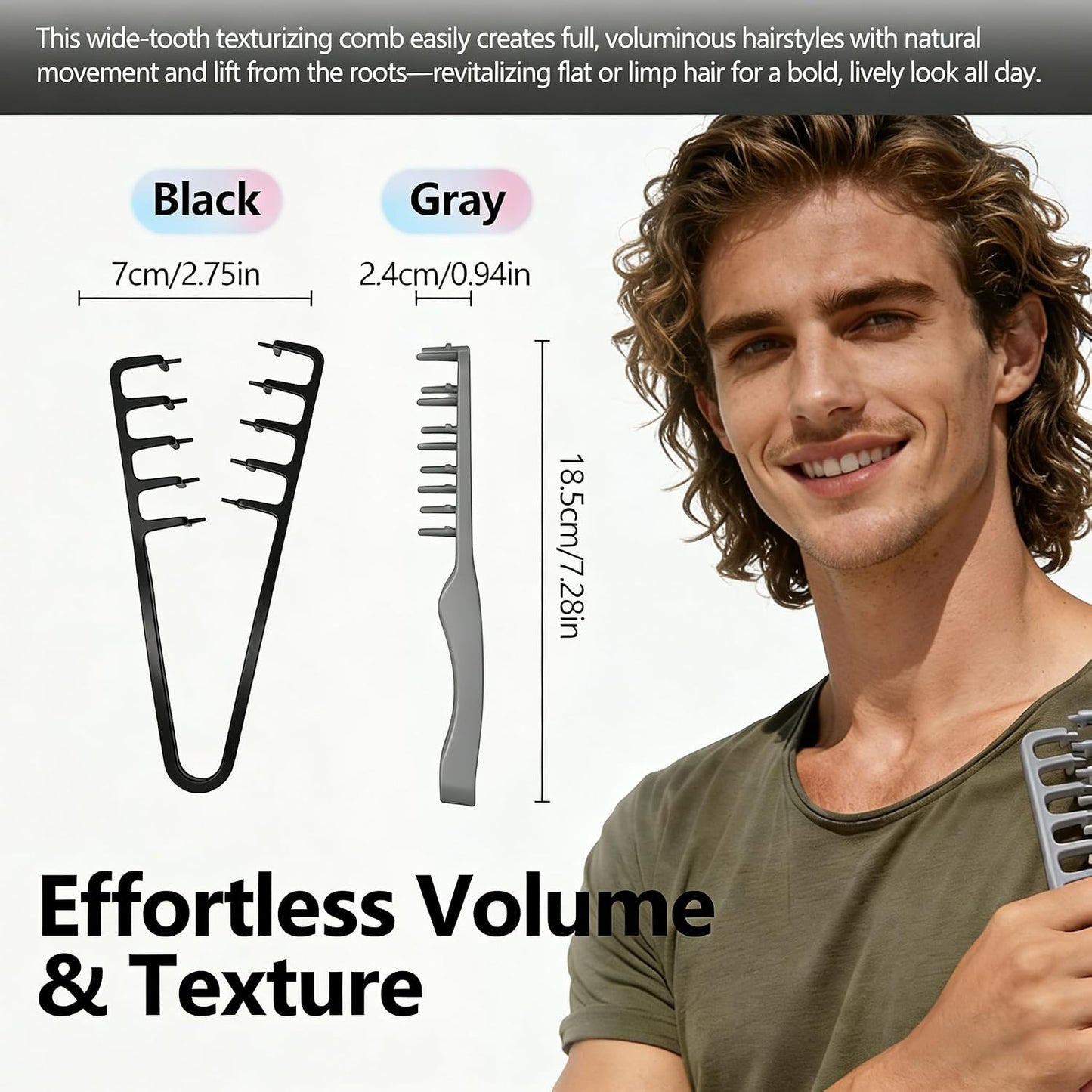 Voluminous Wide-Toothed Hair Comb Set - 2 Pcs Dual-Purpose Tool | Textured Grip, ABS Plastic, Black & Grey