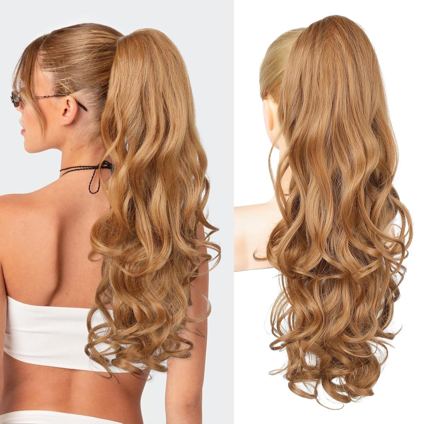 Ponytail Extension - 24" Claw Clip In Long Curly Wavy Hairpiece | Medium Blonde with Highlights
