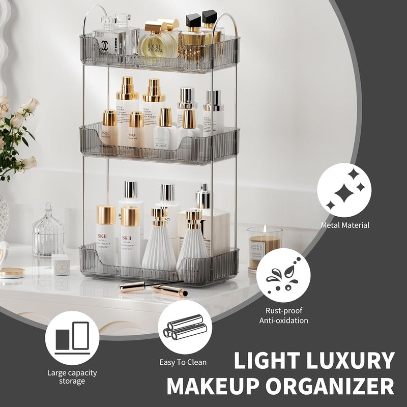 3-Tier Bathroom Organizer - Countertop Makeup & Perfume Tray | Skincare Storage for Vanity (Grey)