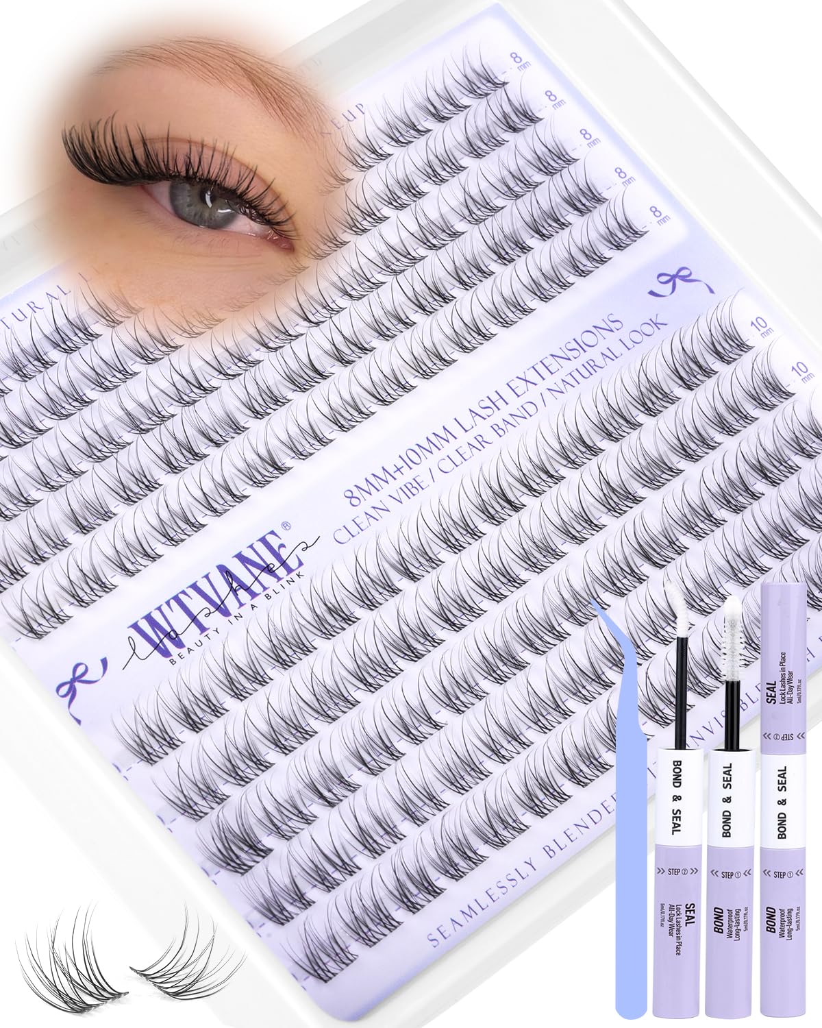 Short Cluster Eyelash Extensions - Wispy C-Curl Lashes with Soft Clear Band | 8-10mm Natural Look
