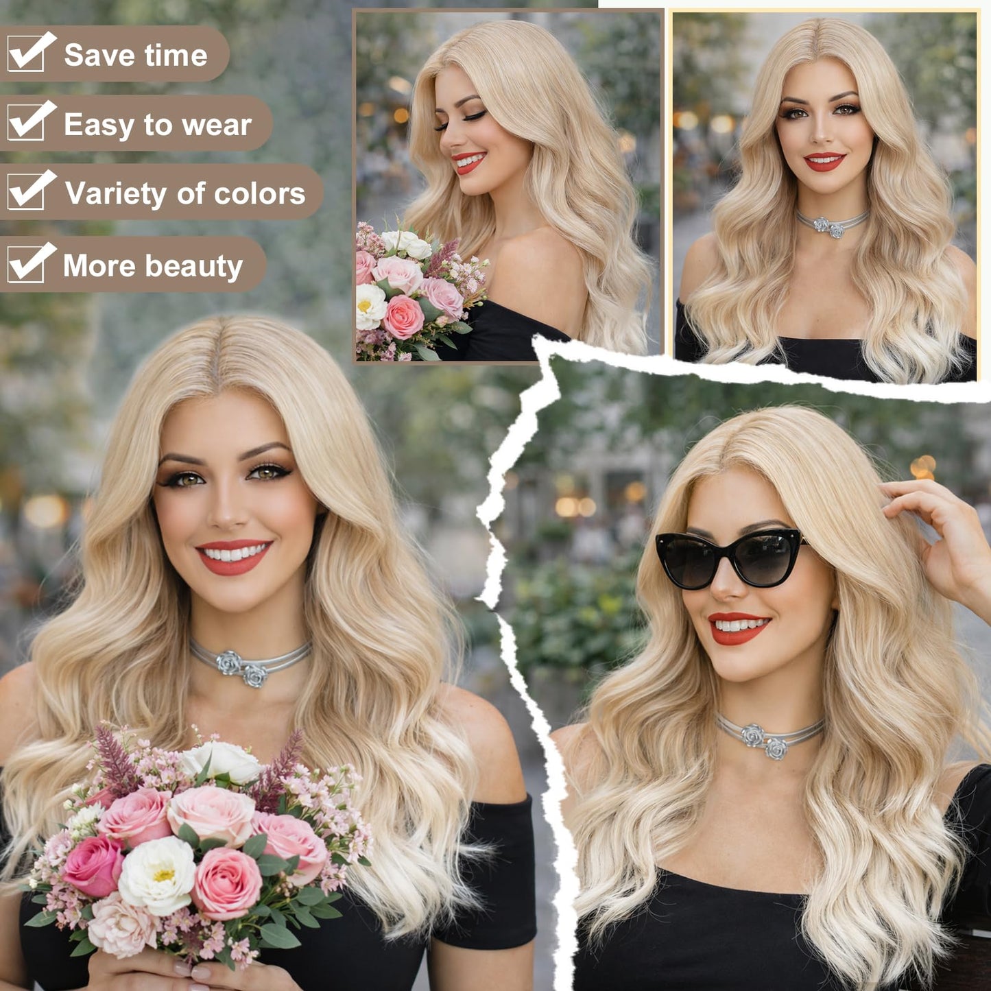 NAYOO Ombre Platinum Blonde Clip in Long Wavy Hair Extensions for Women 4PCS Curly Synthetic Thick Hairpieces with Fiber Double Weft Hair Full Head（20 inch, Ombre Platinum Blonde）