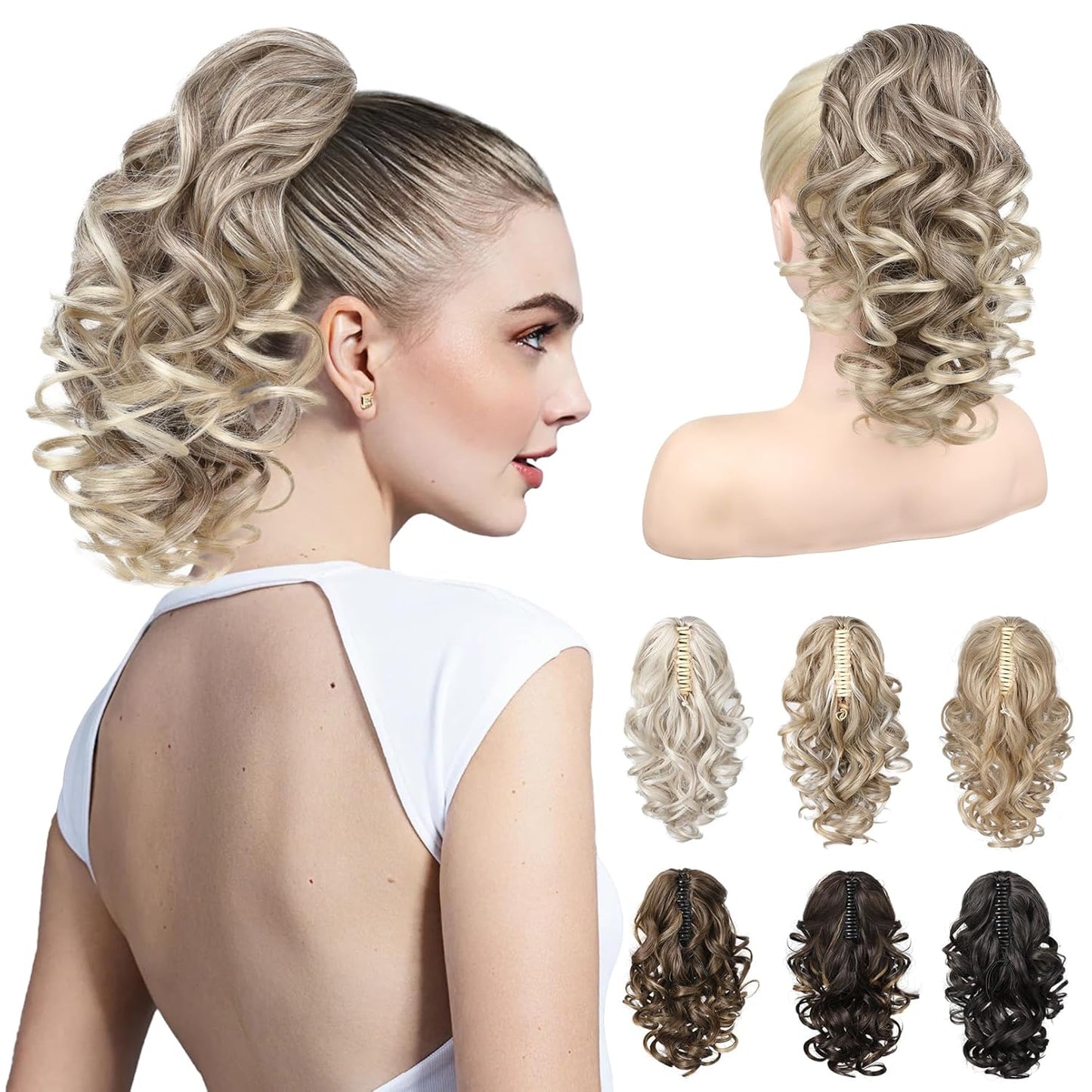 12-Inch Ponytail Extension - Classic Loose Curly Wavy Claw Clip Hairpiece for Women | Medium Blonde