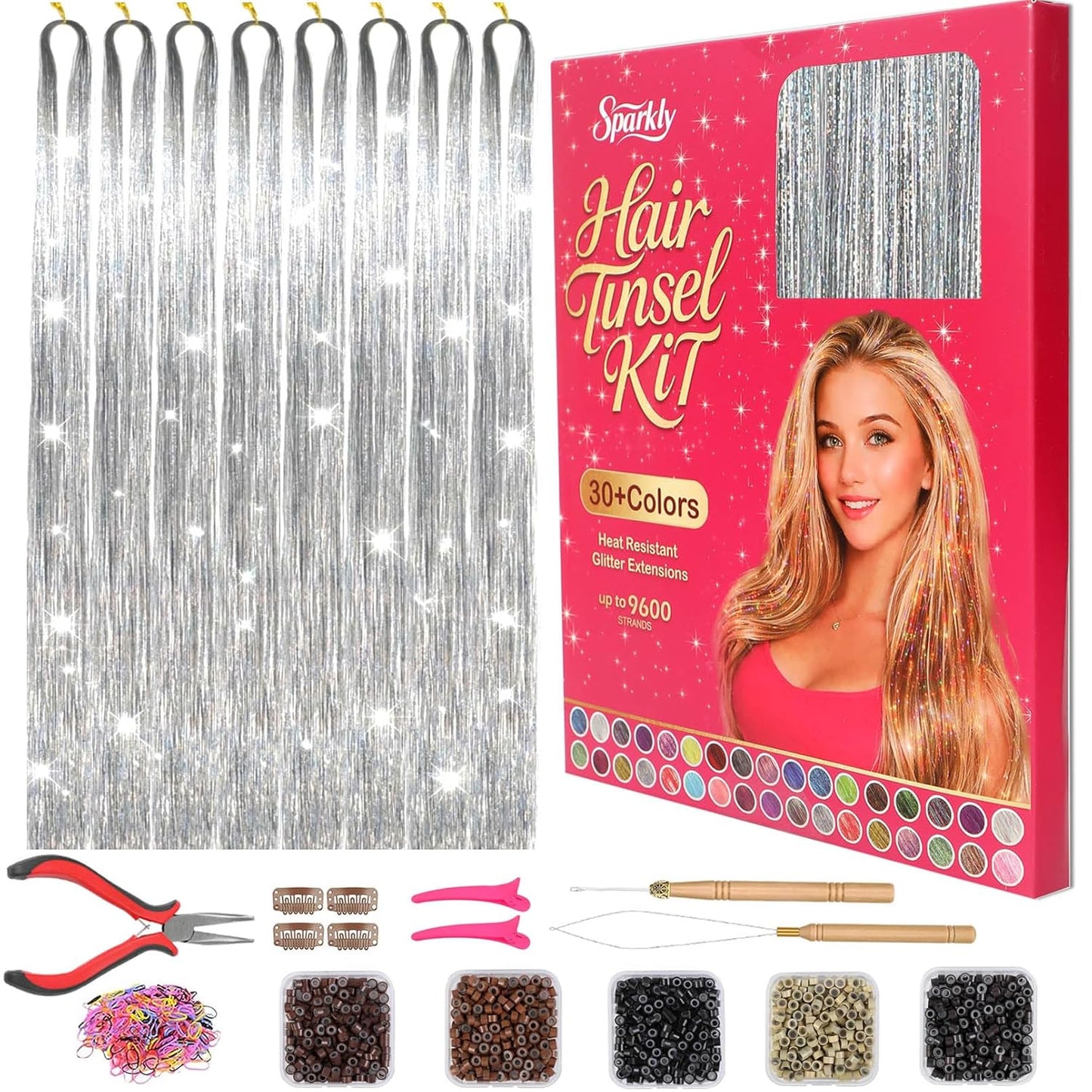 Hair Tinsel Kit - 9000+ Strands in 24 Colors | 48-Inch Heat Resistant Holographic Extensions for Festivals & Parties