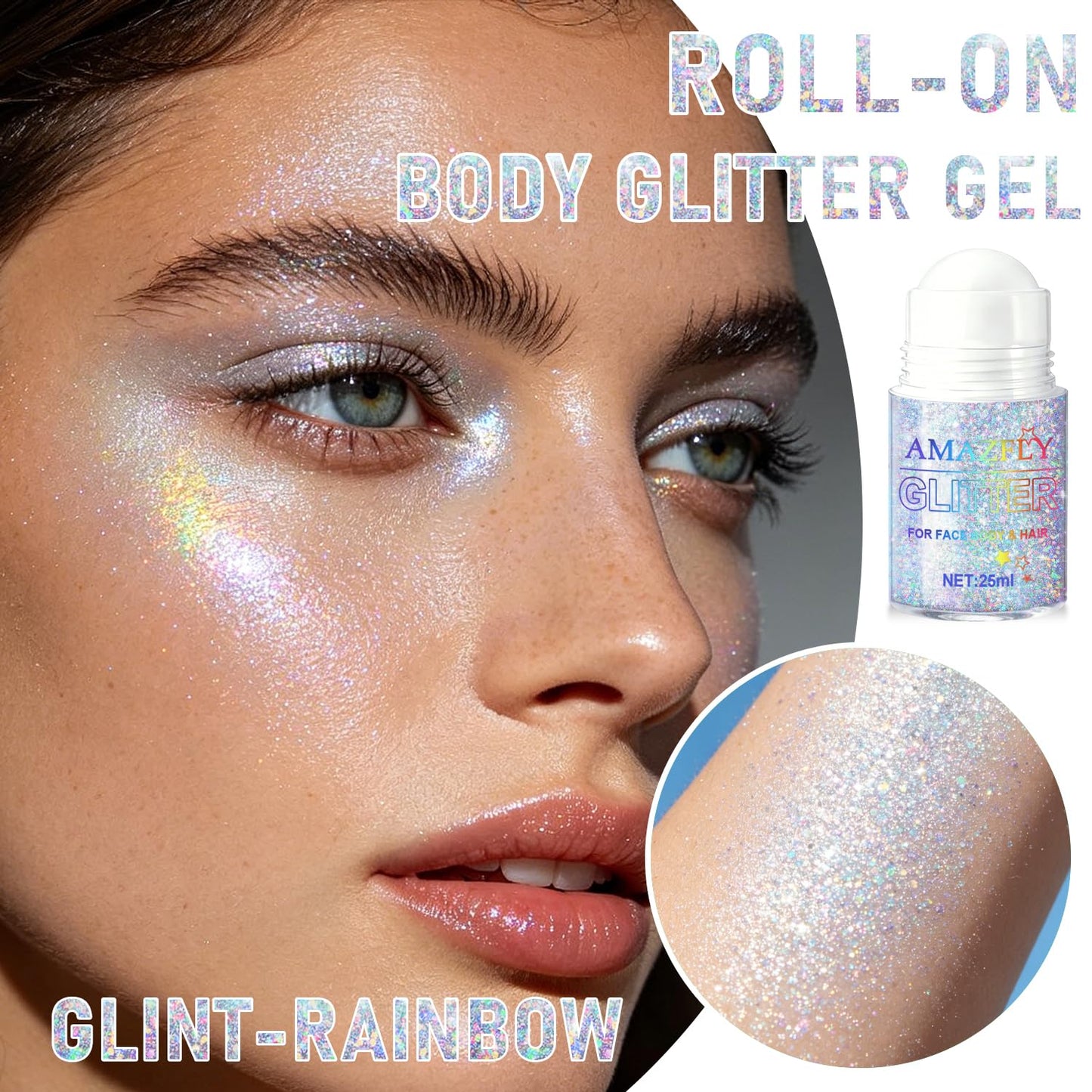 Roll-on Holographic Body Glitter Gel for Face and Hair, Chameleon Color Changing Glitter Gel Under Light, Chunky Mermaid Sequins Shimmer Makeup for Halloween Party Rave Accessories (Glint-Rainbow)