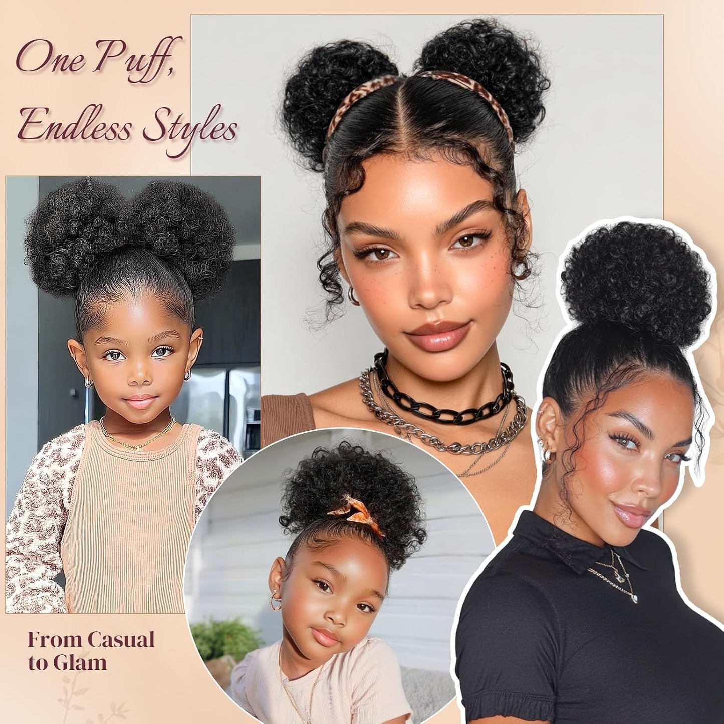 Human Hair Afro Puff Drawstring Ponytail - Kinky Curly Short Extensions for Black Women | Medium Size - 1B Natural Black