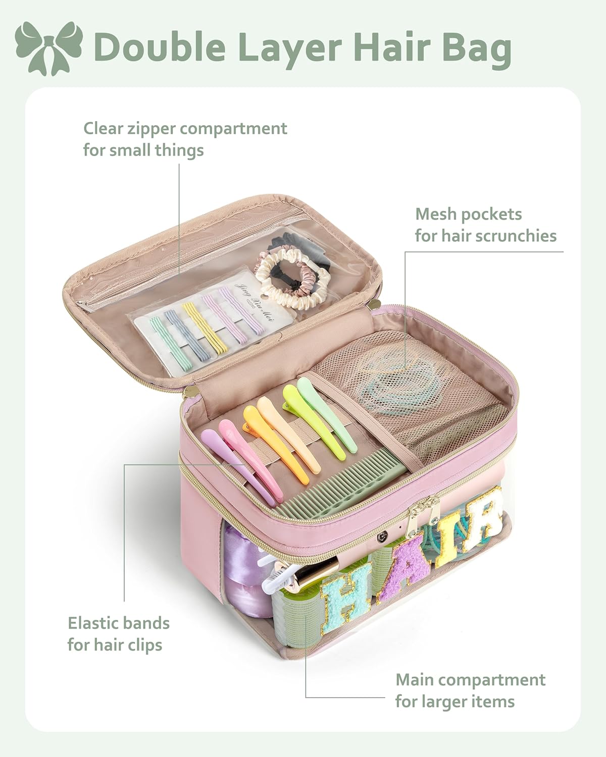 Double Layer Hair Accessories Organizer - Preppy Patch Makeup Bag with Chenille Letter | Portable Pink Cosmetic Pouch for Women