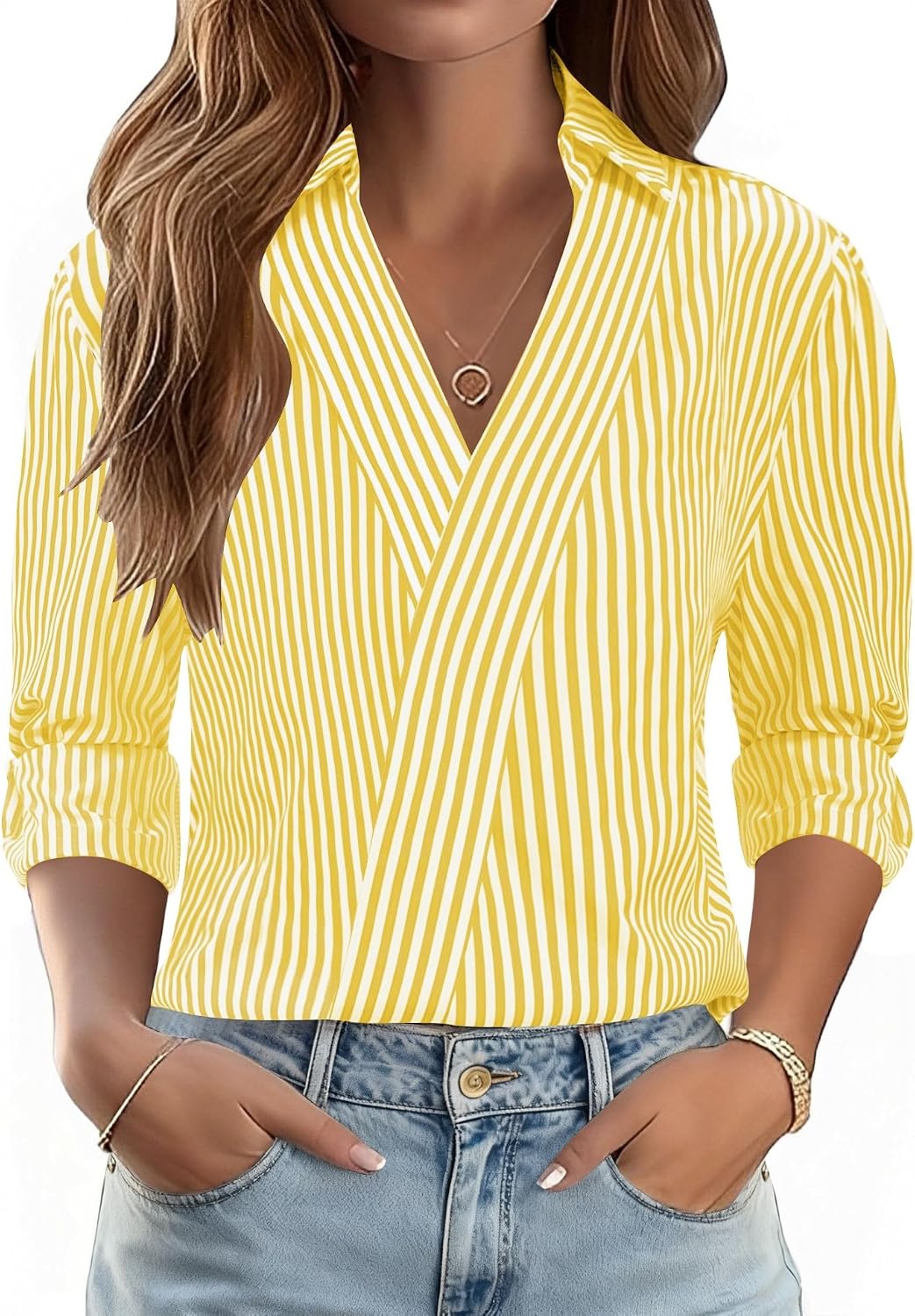 3/4 Length Sleeve Women's Dressy V-Neck Collared Tops - Trendy Business Casual Blouses for Work & Vacation