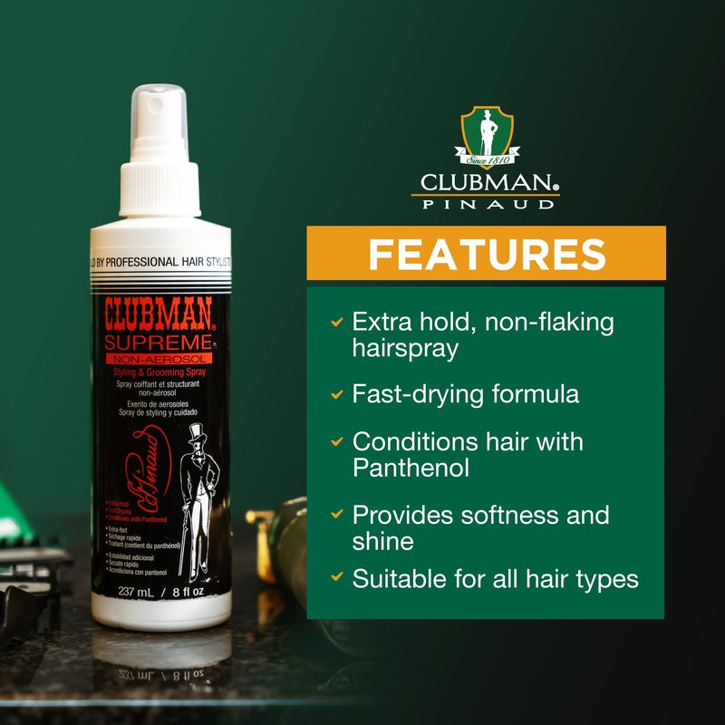 Clubman Supreme Non Aerosol Hairspray – Extra Hold Styling & Grooming Hair Spray for Men with Panthenol, 8 fl oz