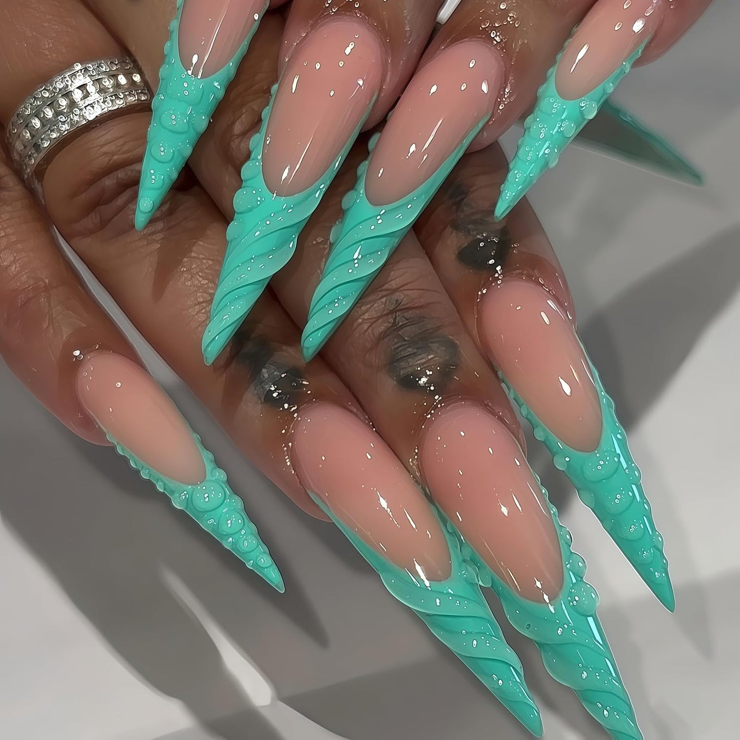 Almond Press-On Nails - Ombre French Tip with Butterfly Designs | 24 Pcs Set for Women