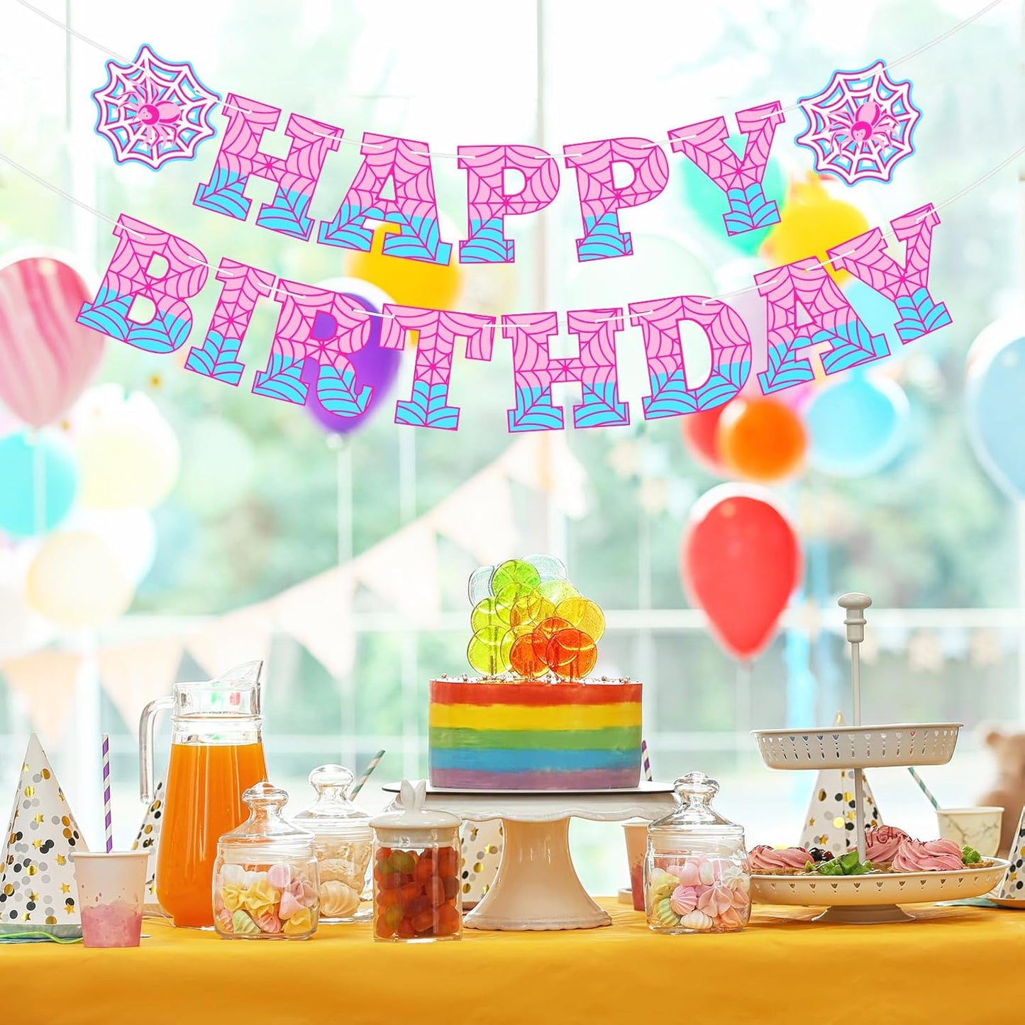 Spider Theme Birthday Banner - Pre-Strung Spider Web Decor for Kids' Parties | Pink & Blue