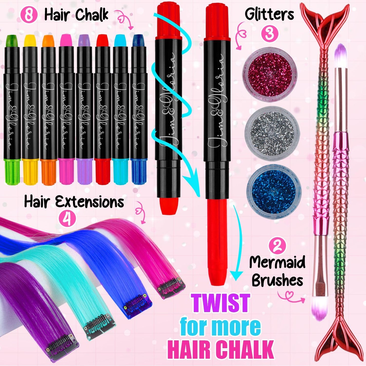 Dustless Hair Chalk for Girls - Washable Temporary Color Dye with Clip-In Extensions & Brushes | Perfect Gift for Teens 7-14 Years Old